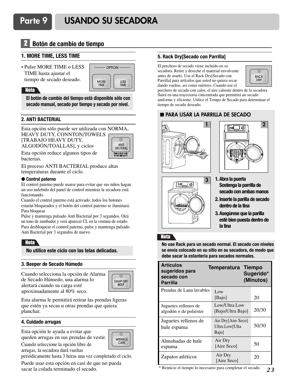 Parte 9 usando su secadora, 2botón de cambio de tiempo | LG DLG6952W User Manual | Page 54 / 62