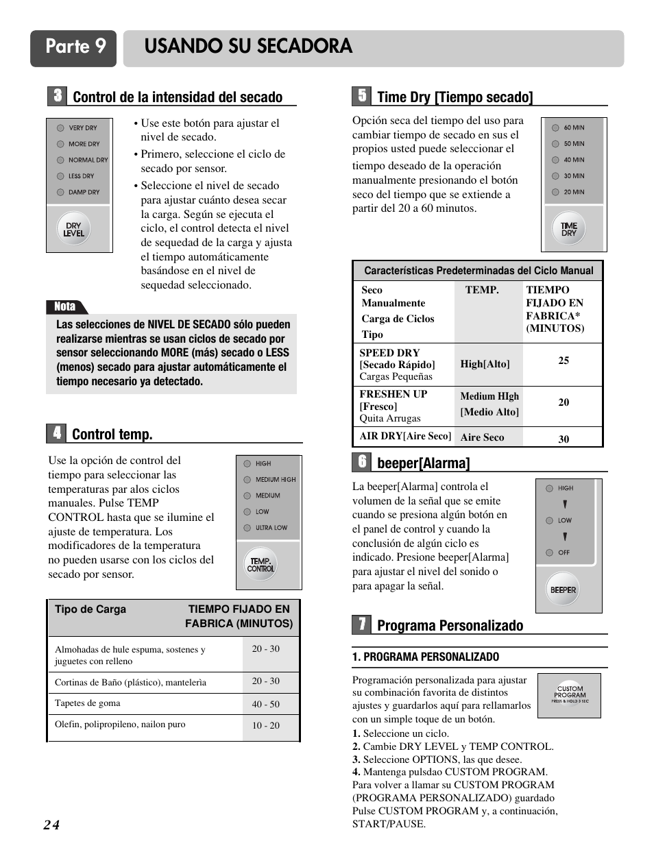 Parte 9 usando su secadora, 6beeper[alarma, 5time dry [tiempo secado] 4 4 control temp | 77 programa personalizado, 3control de la intensidad del secado | LG DLG6952W User Manual | Page 55 / 62