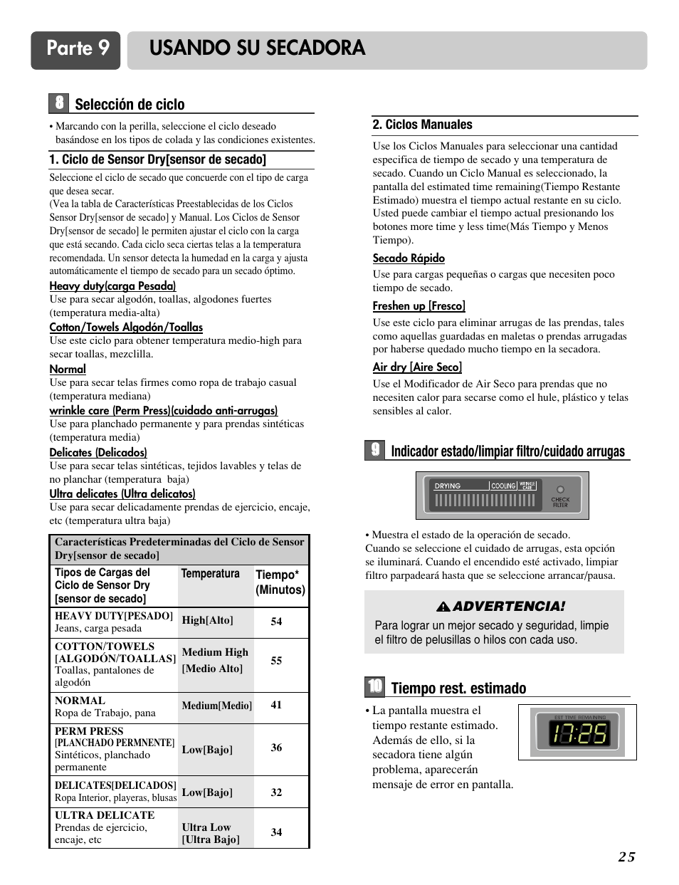 Parte 9 usando su secadora, 9indicador estado/limpiar filtro/cuidado arrugas, 28 8 selección de ciclo | 110 0 tiempo rest. estimado | LG DLG6952W User Manual | Page 56 / 62