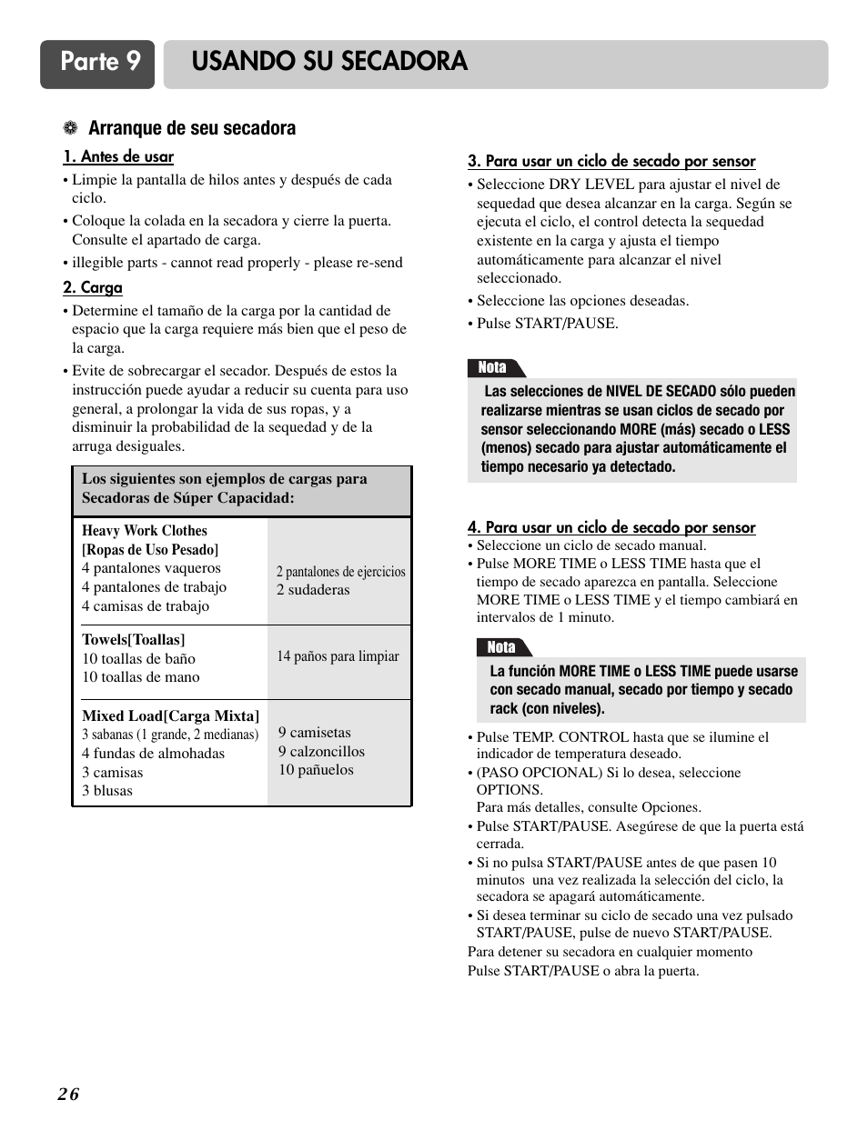 Parte 9 usando su secadora, Arranque de seu secadora | LG DLG6952W User Manual | Page 57 / 62