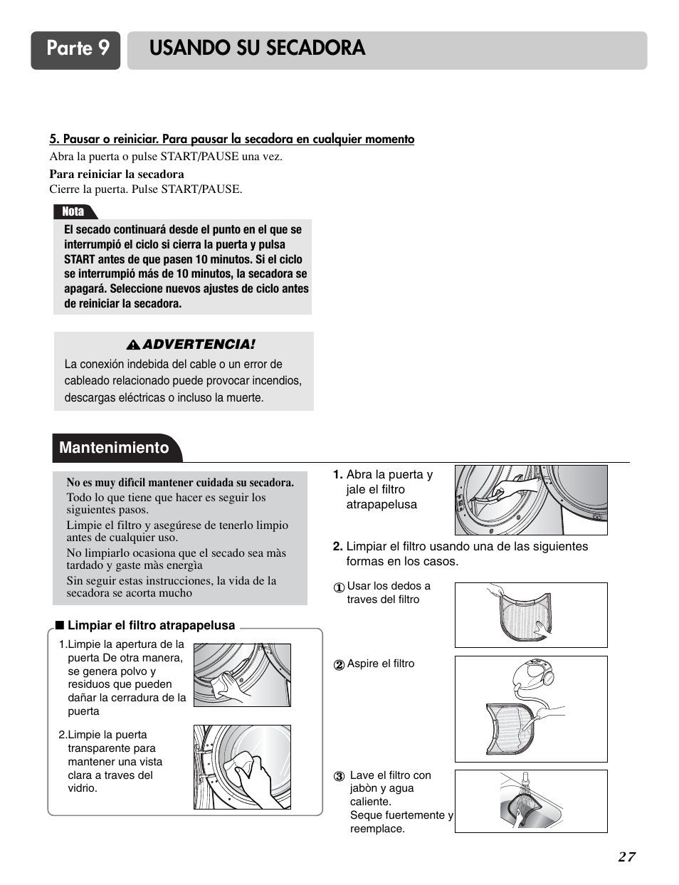 Parte 9 usando su secadora, Mantenimiento | LG DLG6952W User Manual | Page 58 / 62