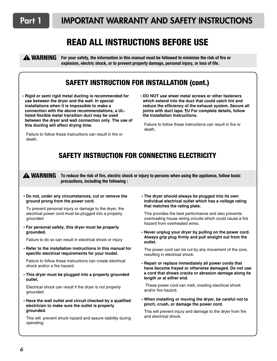 Read all instructions before use, Important warranty and safety instructions part 1, Warning | LG DLG6952W User Manual | Page 6 / 62
