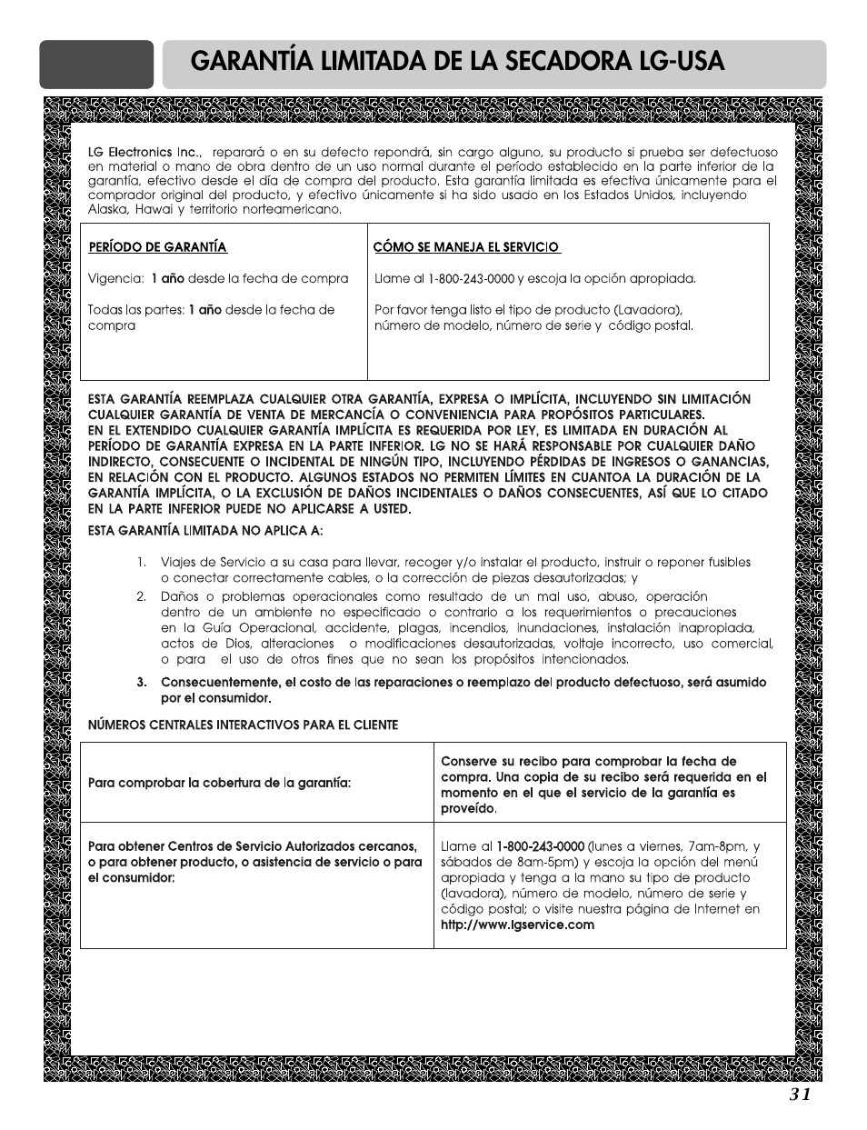 Garantía limitada de la secadora lg-usa | LG DLG6952W User Manual | Page 62 / 62
