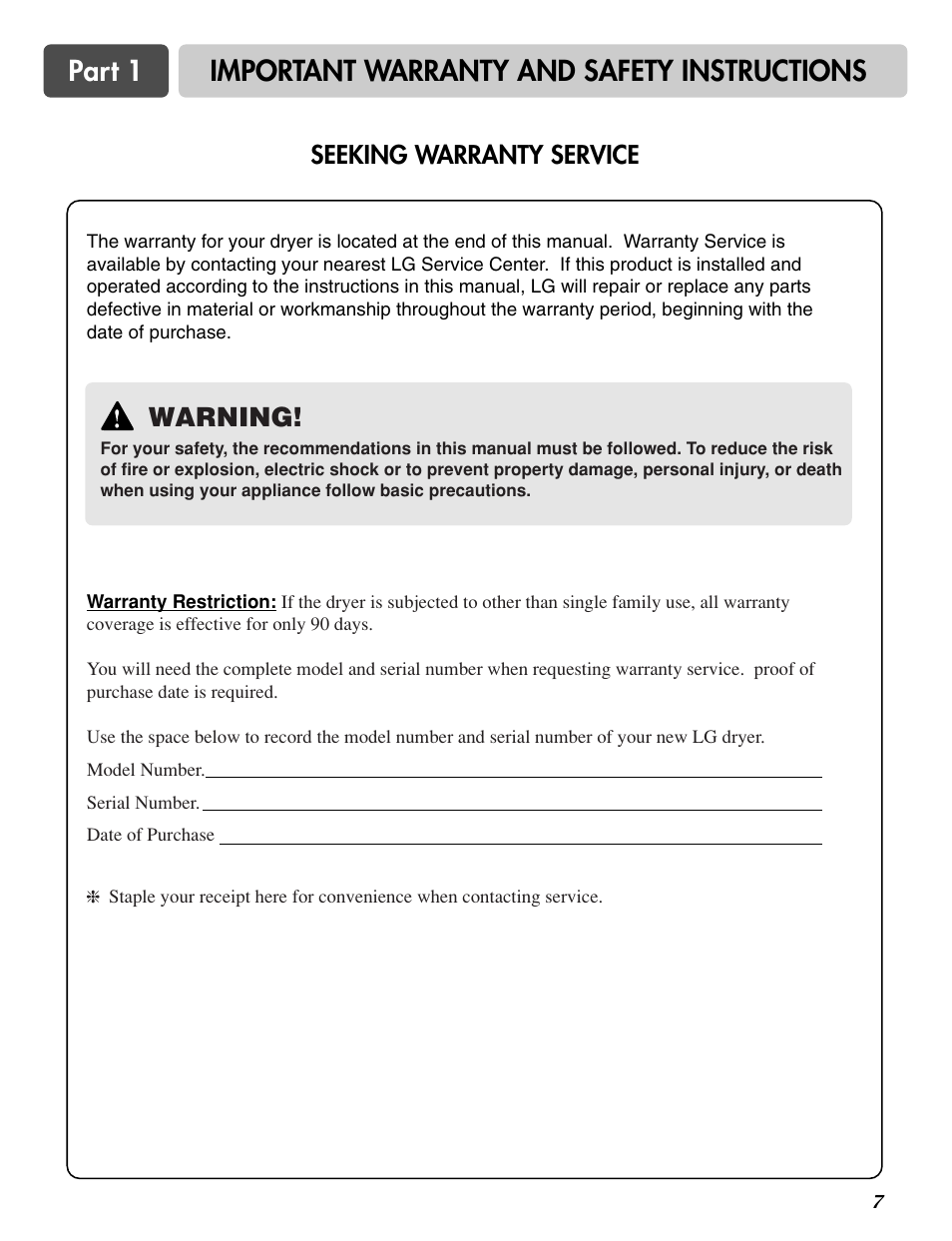 Important warranty and safety instructions part 1, Warning, Seeking warranty service | LG DLG6952W User Manual | Page 7 / 62