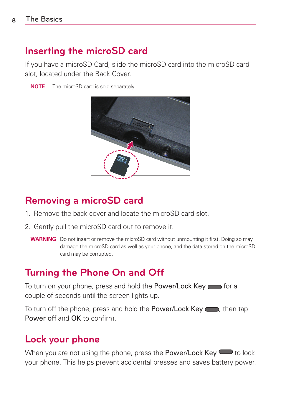 Inserting the microsd card, Removing a microsd card, Turning the phone on and off | Lock your phone | LG LGVS410PP User Manual | Page 10 / 86