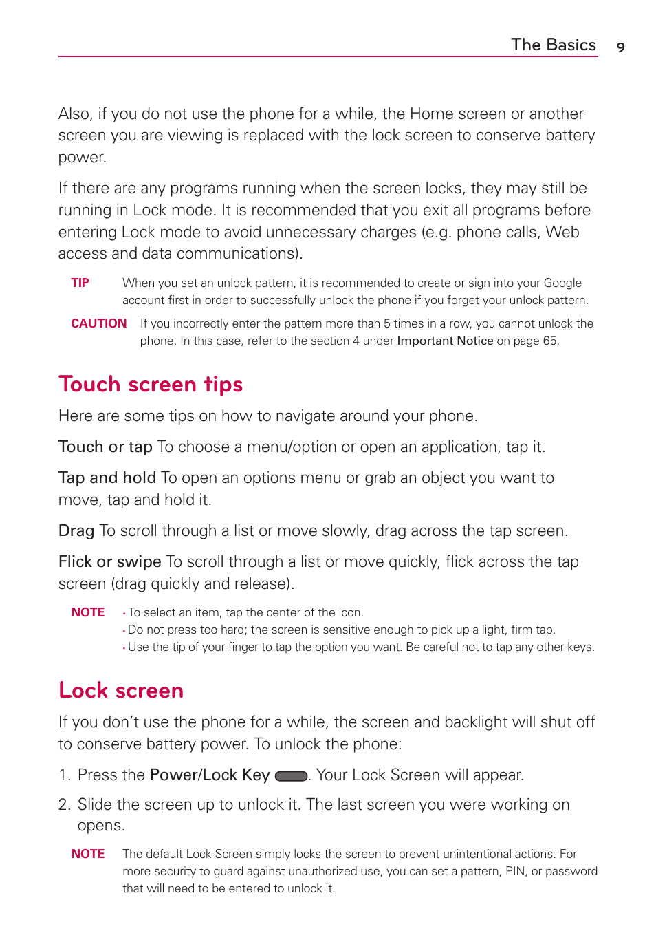 Touch screen tips, Lock screen, The basics | LG LGVS410PP User Manual | Page 11 / 86