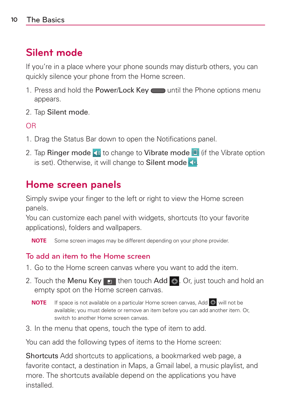 Silent mode, Home screen panels, The basics | LG LGVS410PP User Manual | Page 12 / 86