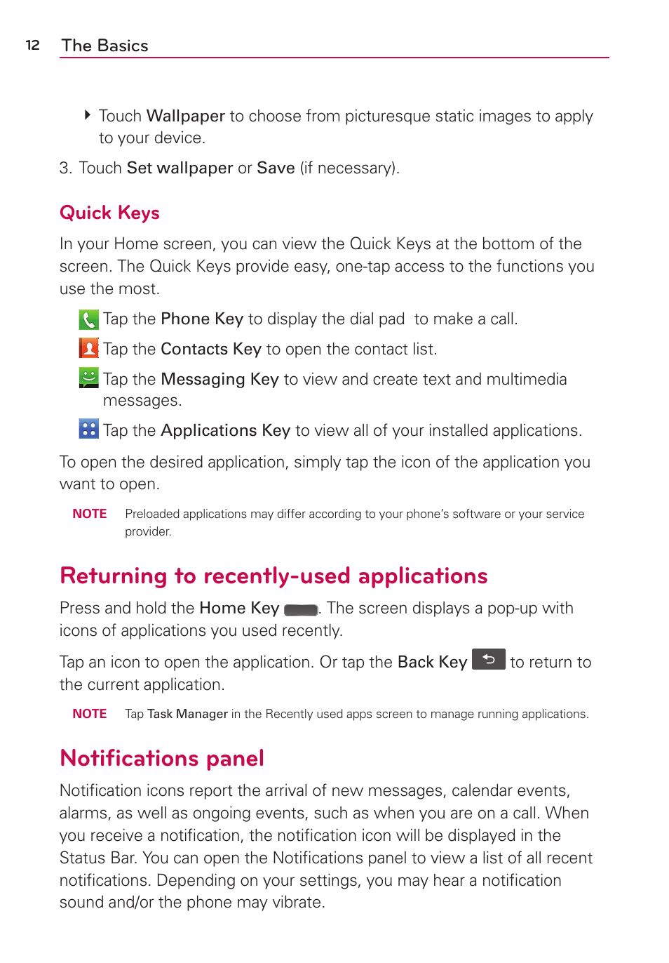 Returning to recently-used applications, Notifications panel, Notiﬁcations panel | Quick keys | LG LGVS410PP User Manual | Page 14 / 86