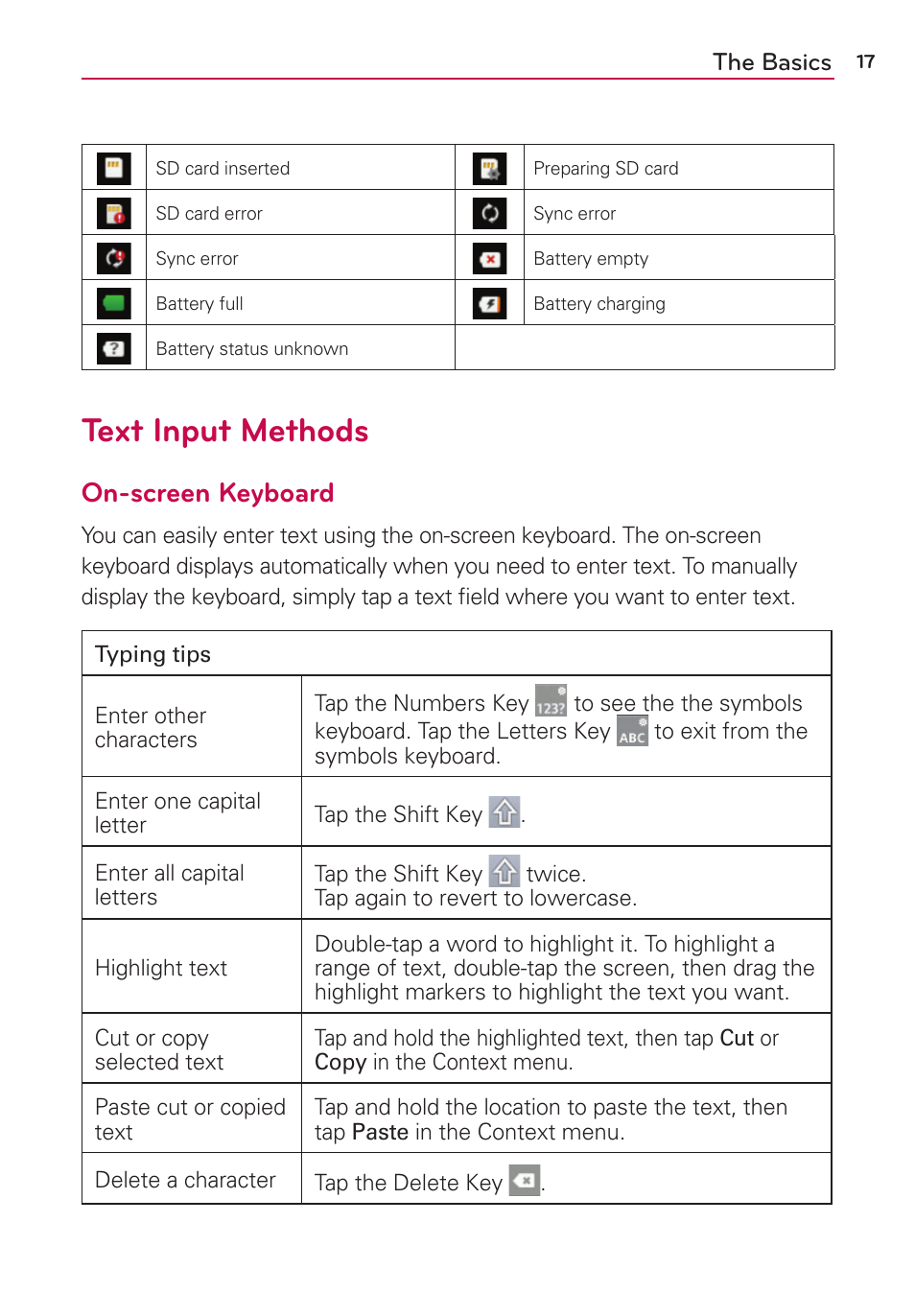 Text input methods, On-screen keyboard, The basics | LG LGVS410PP User Manual | Page 19 / 86