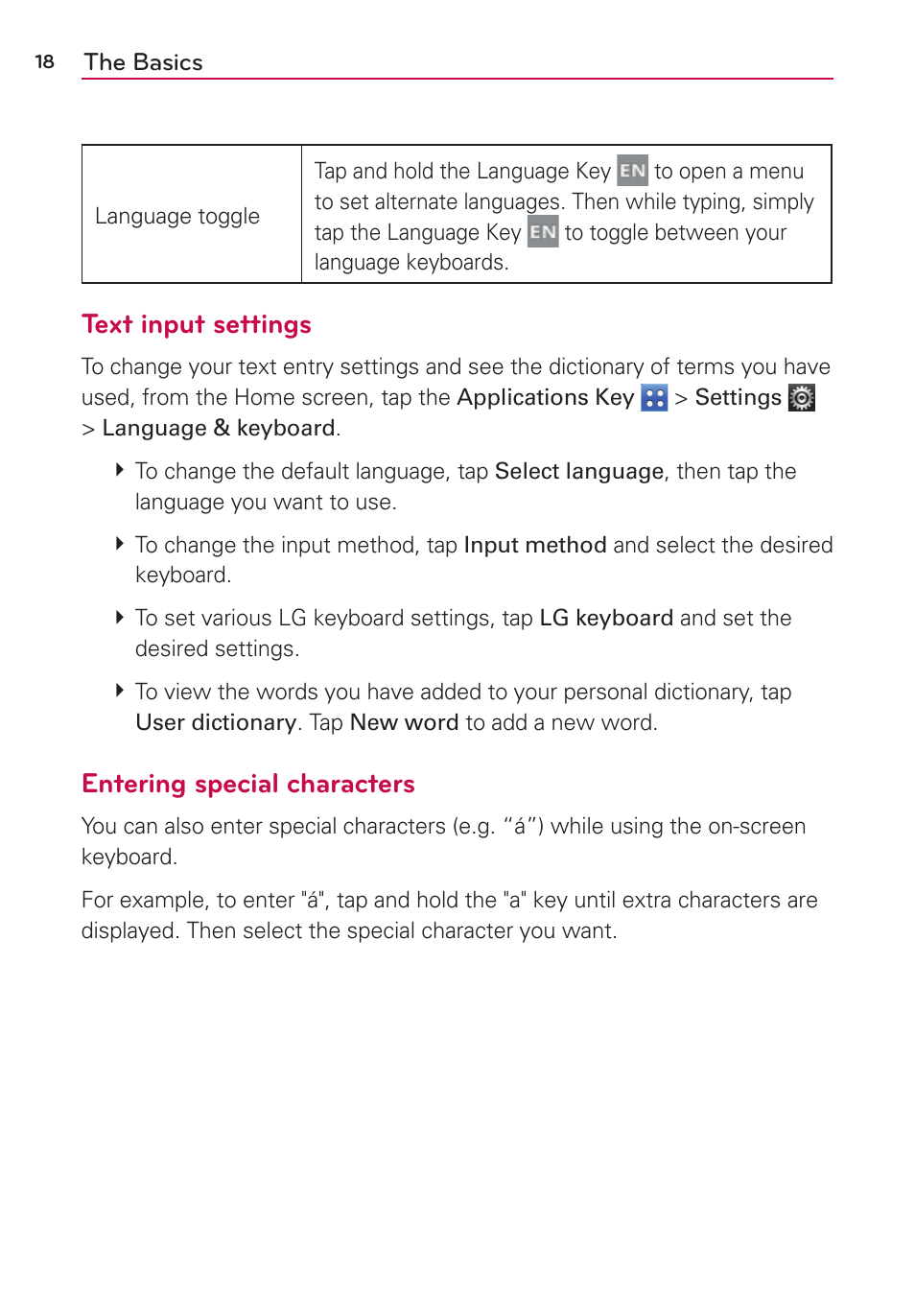 Text input settings, Entering special characters | LG LGVS410PP User Manual | Page 20 / 86