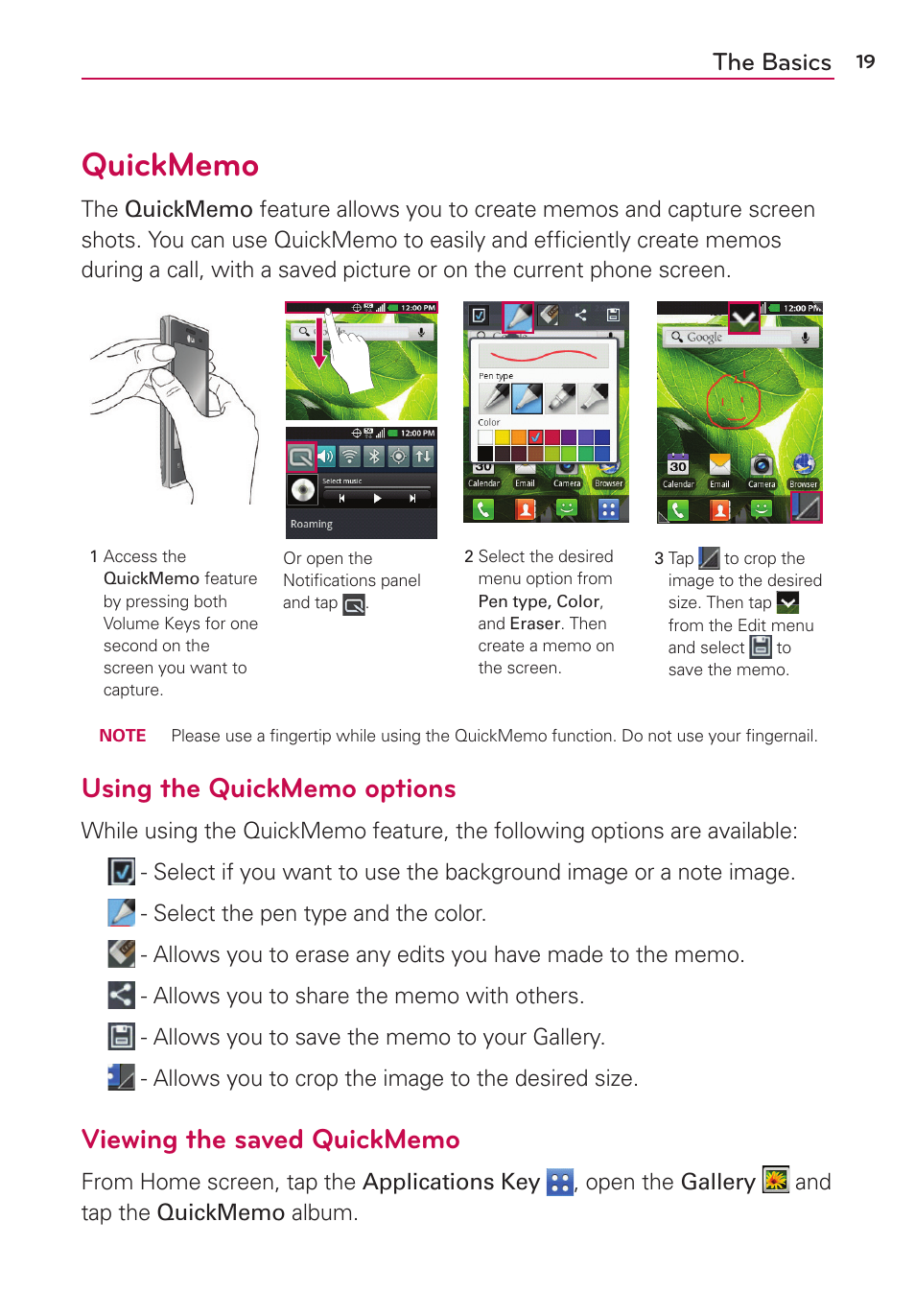 Quickmemo, The basics | LG LGVS410PP User Manual | Page 21 / 86