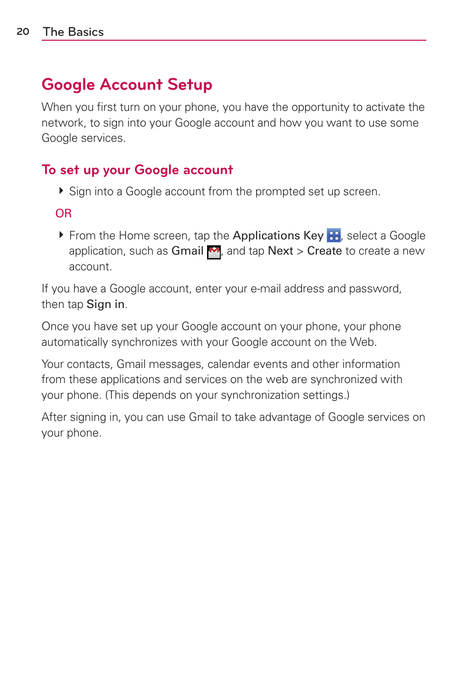 Google account setup | LG LGVS410PP User Manual | Page 22 / 86
