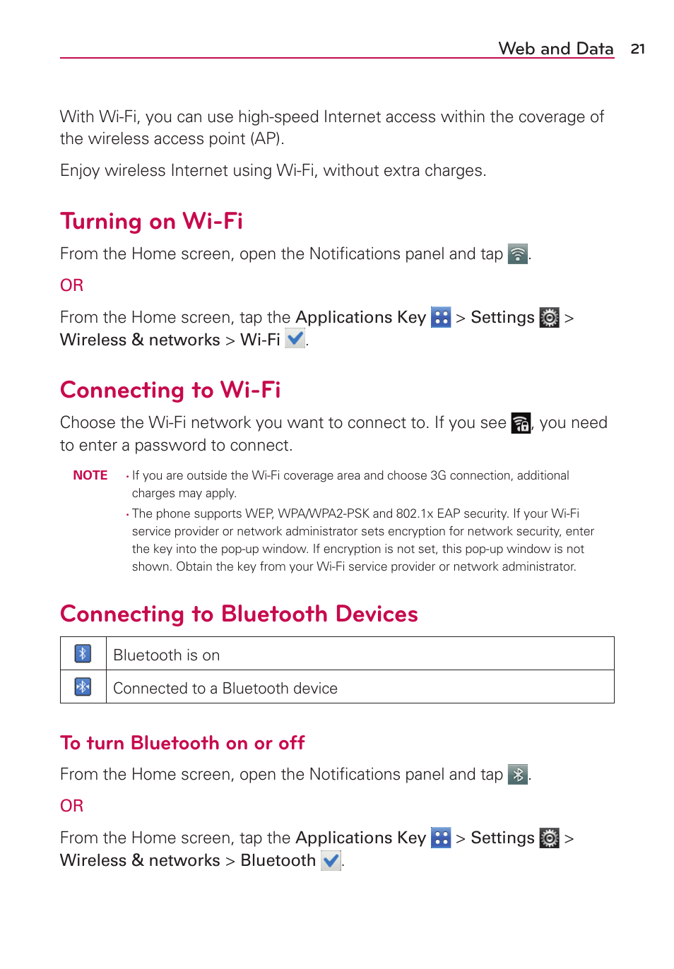 Web and data, Turning on wi-fi, Connecting to wi-fi | Connecting to bluetooth devices | LG LGVS410PP User Manual | Page 23 / 86