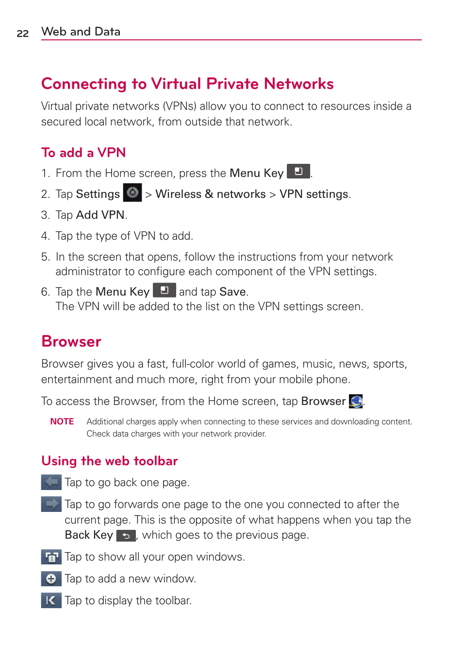 Connecting to virtual private networks, Browser, Using the web toolbar | LG LGVS410PP User Manual | Page 24 / 86