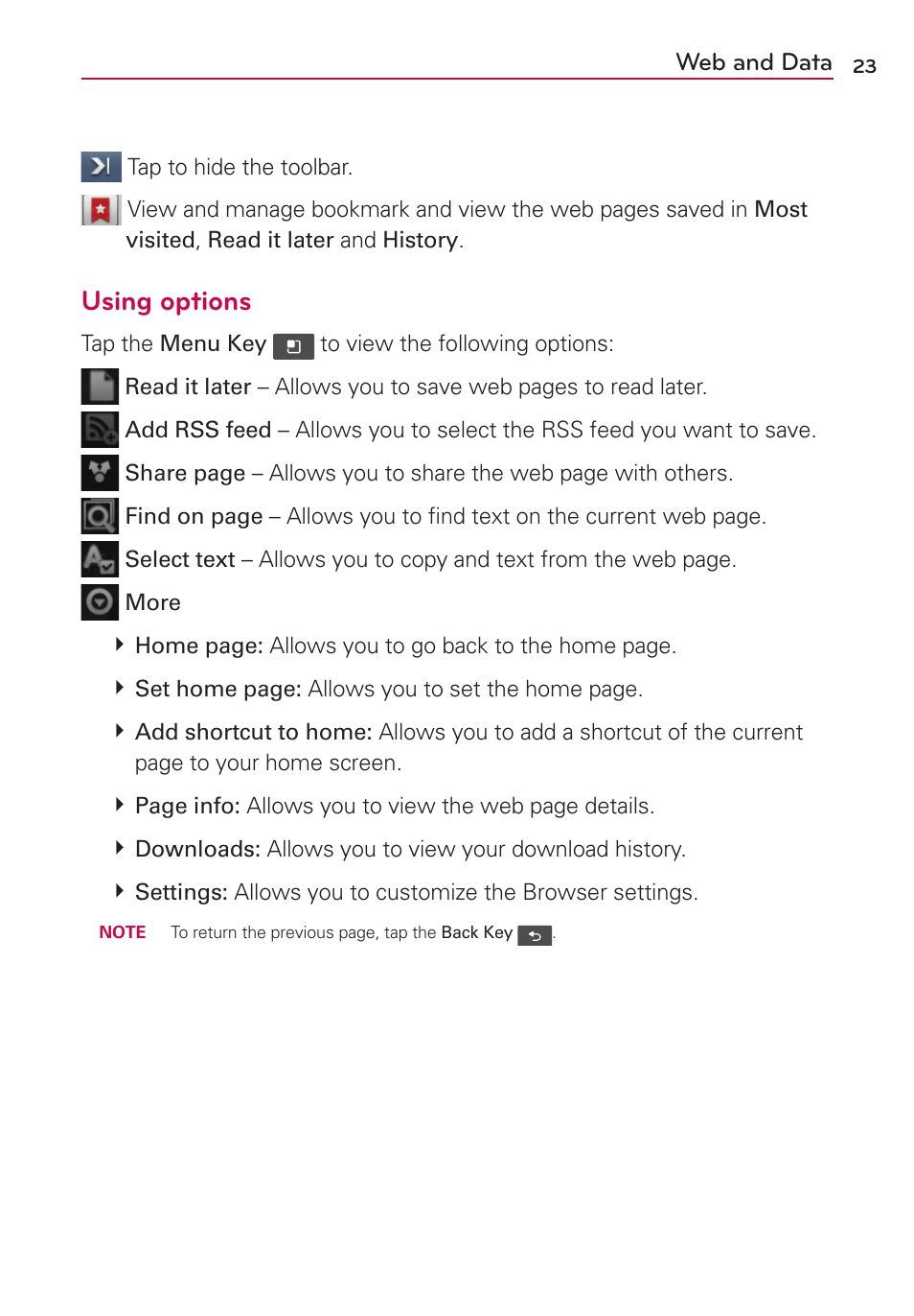 Using options, Web and data | LG LGVS410PP User Manual | Page 25 / 86