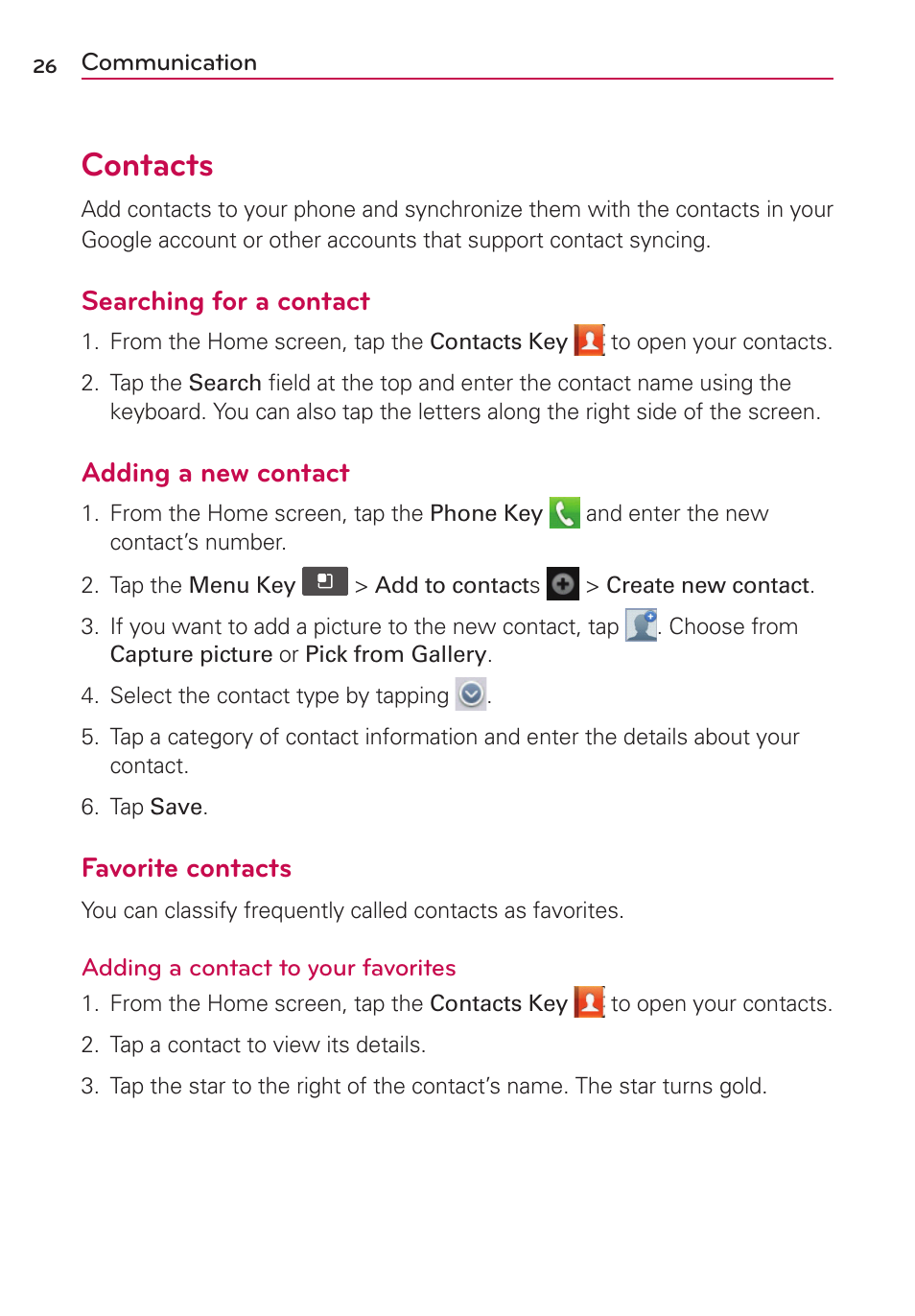 Communication, Contacts, Searching for a contact | Adding a new contact, Favorite contacts | LG LGVS410PP User Manual | Page 28 / 86