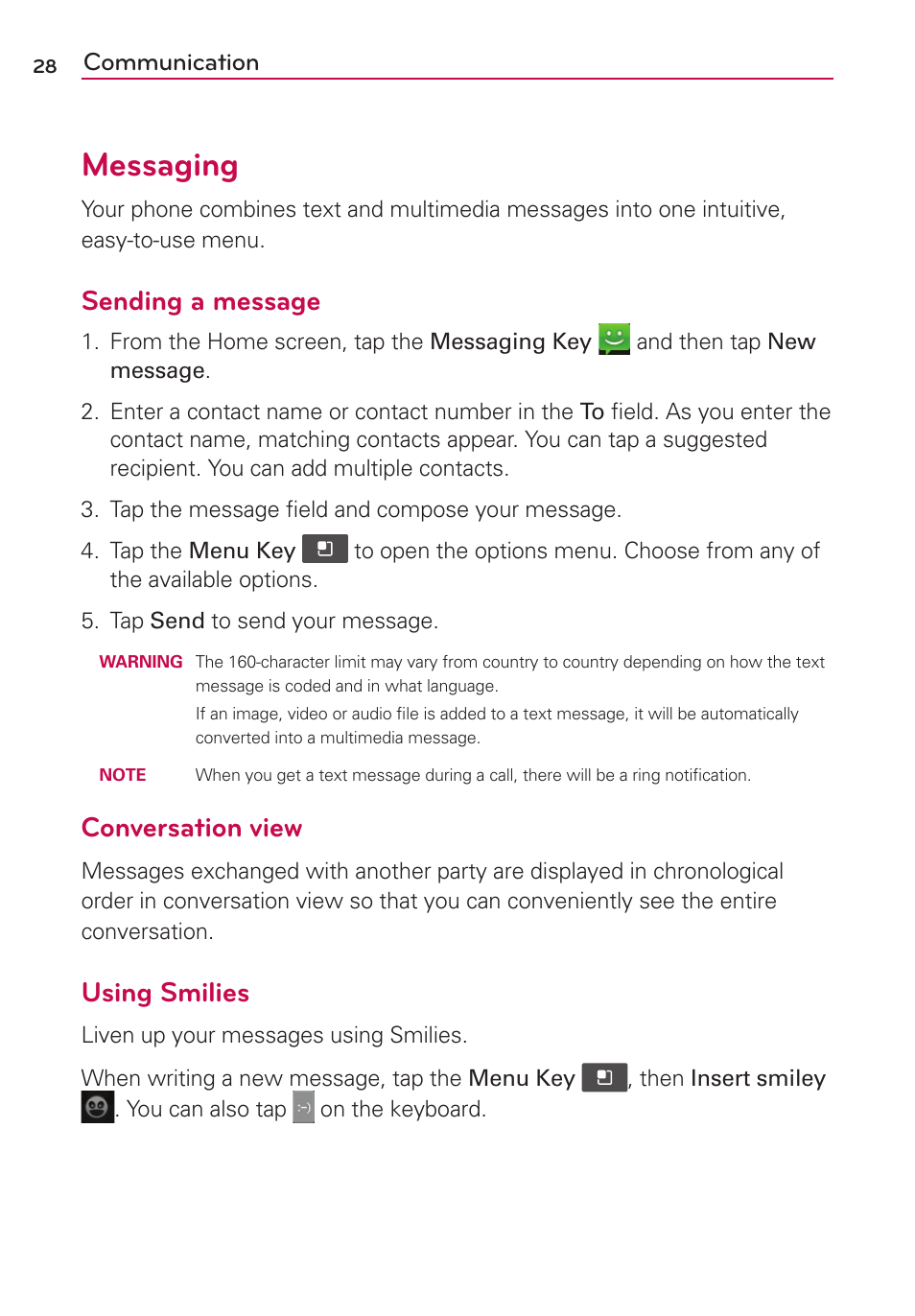 Messaging, Sending a message, Conversation view | Using smilies, Communication | LG LGVS410PP User Manual | Page 30 / 86