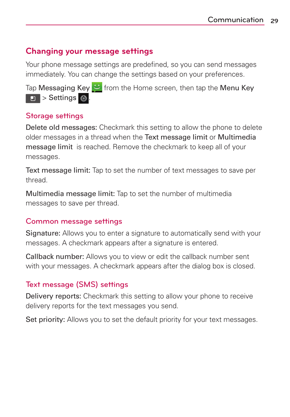 Changing your message settings | LG LGVS410PP User Manual | Page 31 / 86
