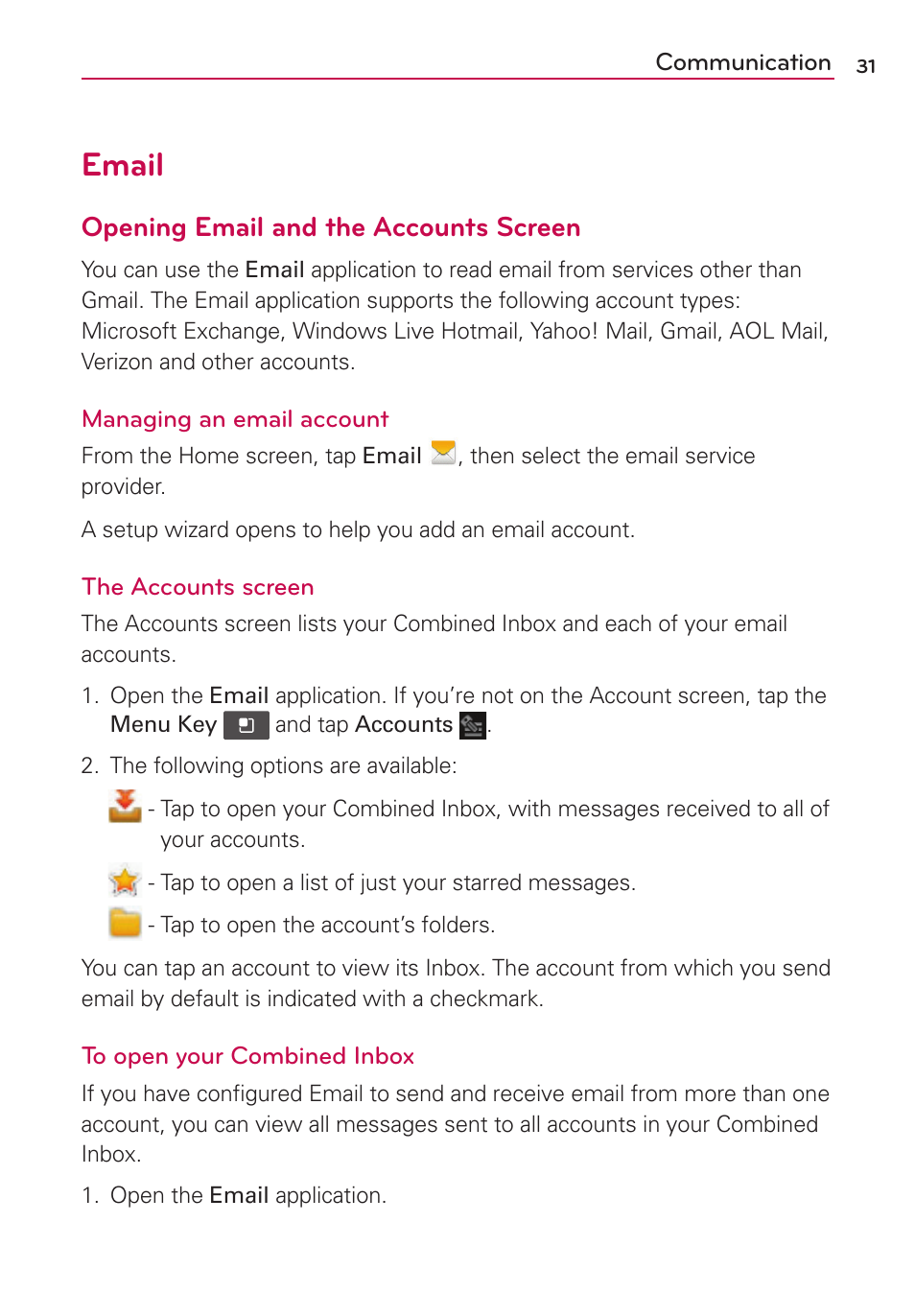 Email, Opening email and the accounts screen | LG LGVS410PP User Manual | Page 33 / 86