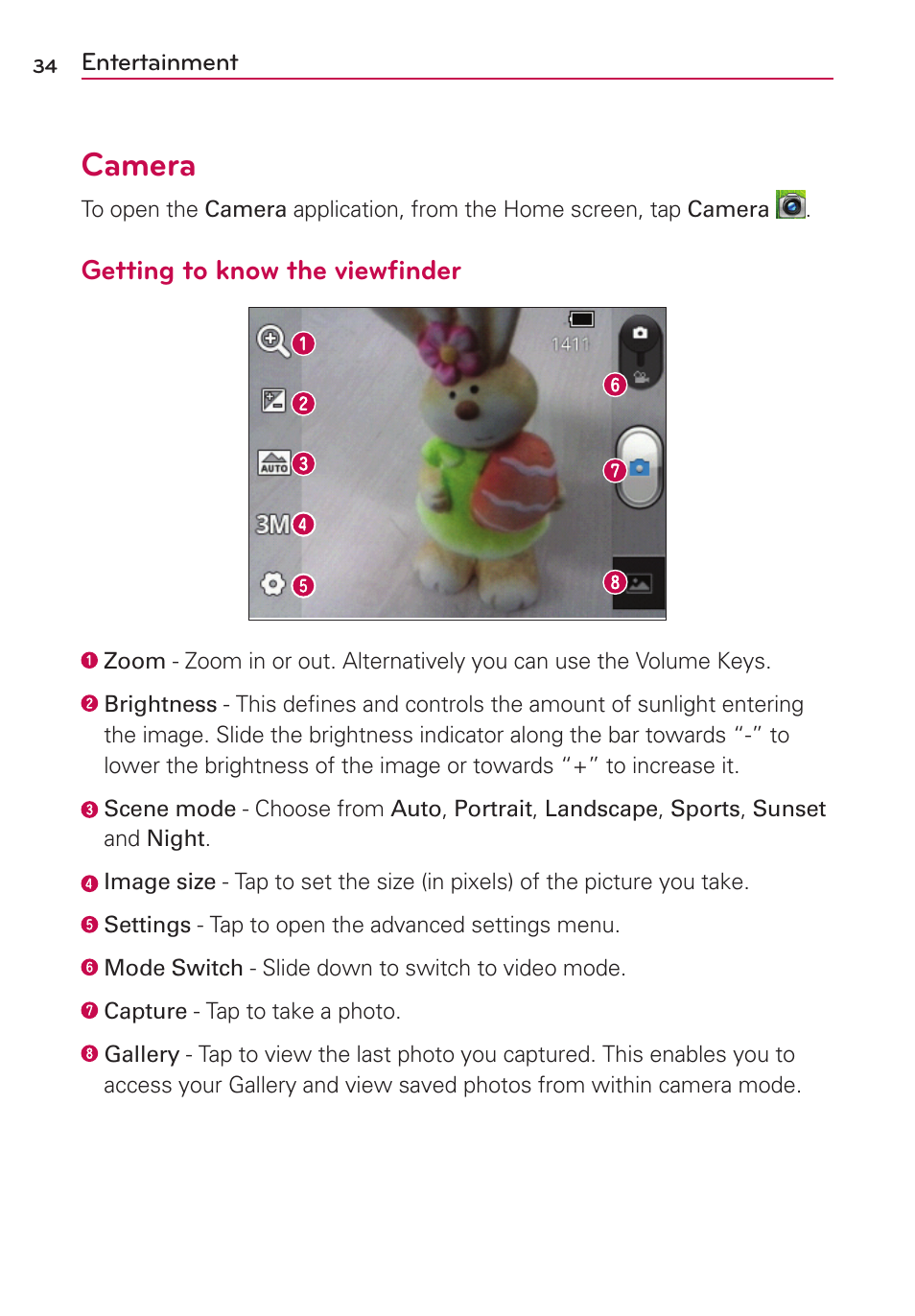 Entertainment, Camera, Getting to know the viewﬁnder | LG LGVS410PP User Manual | Page 36 / 86