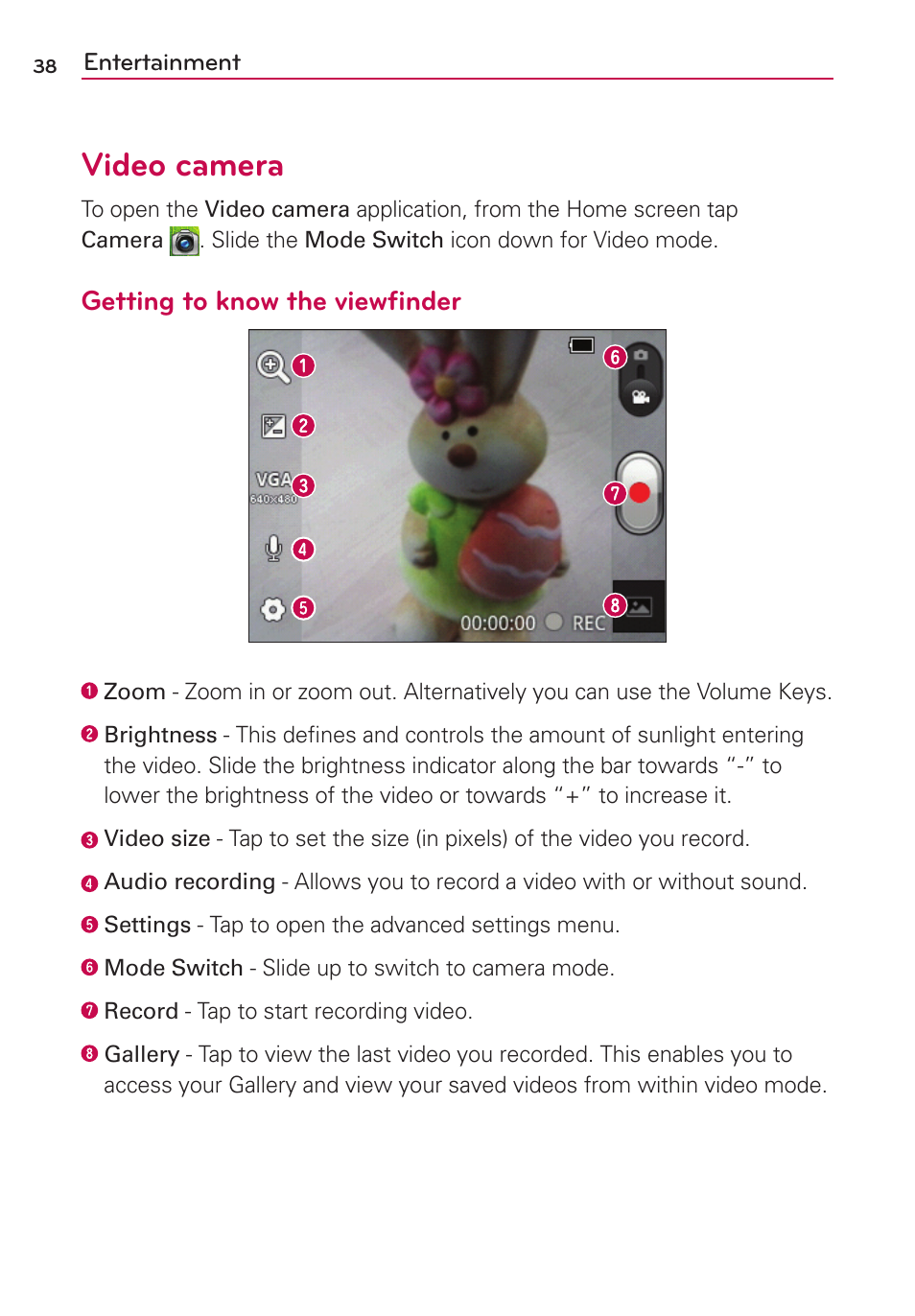 Video camera, Getting to know the viewﬁnder | LG LGVS410PP User Manual | Page 40 / 86