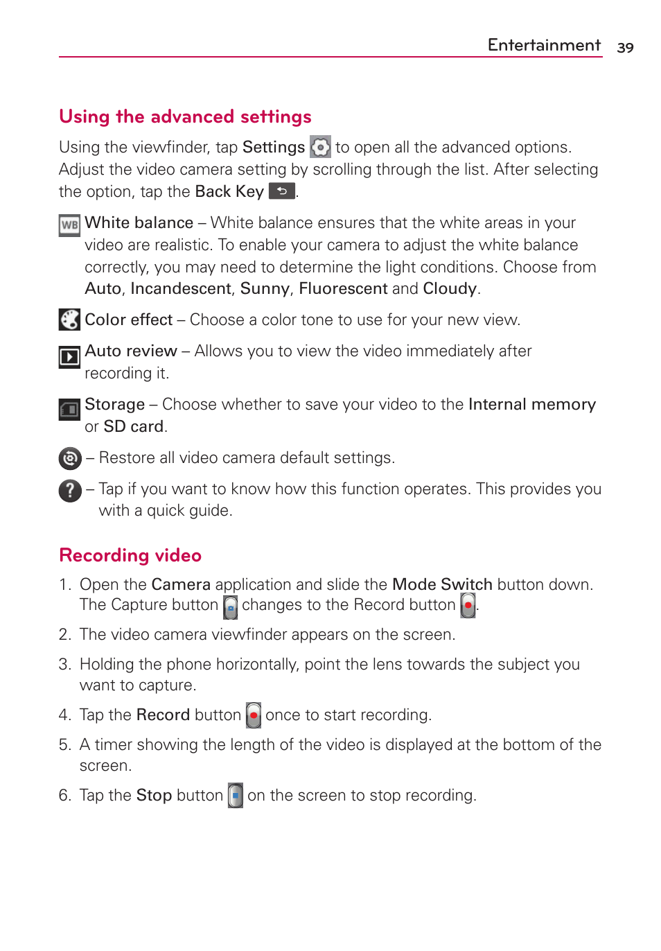 Using the advanced settings, Recording video | LG LGVS410PP User Manual | Page 41 / 86