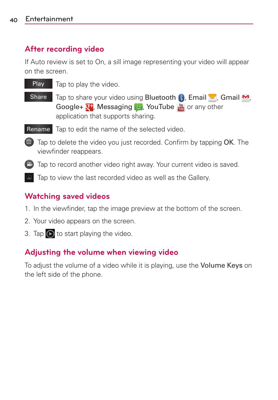 After recording video, Watching saved videos, Adjusting the volume when viewing video | LG LGVS410PP User Manual | Page 42 / 86