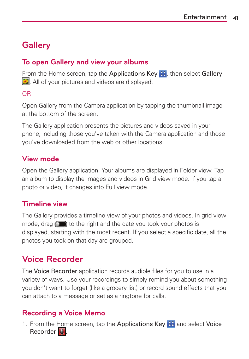 Gallery, Voice recorder, View mode | Timeline view | LG LGVS410PP User Manual | Page 43 / 86