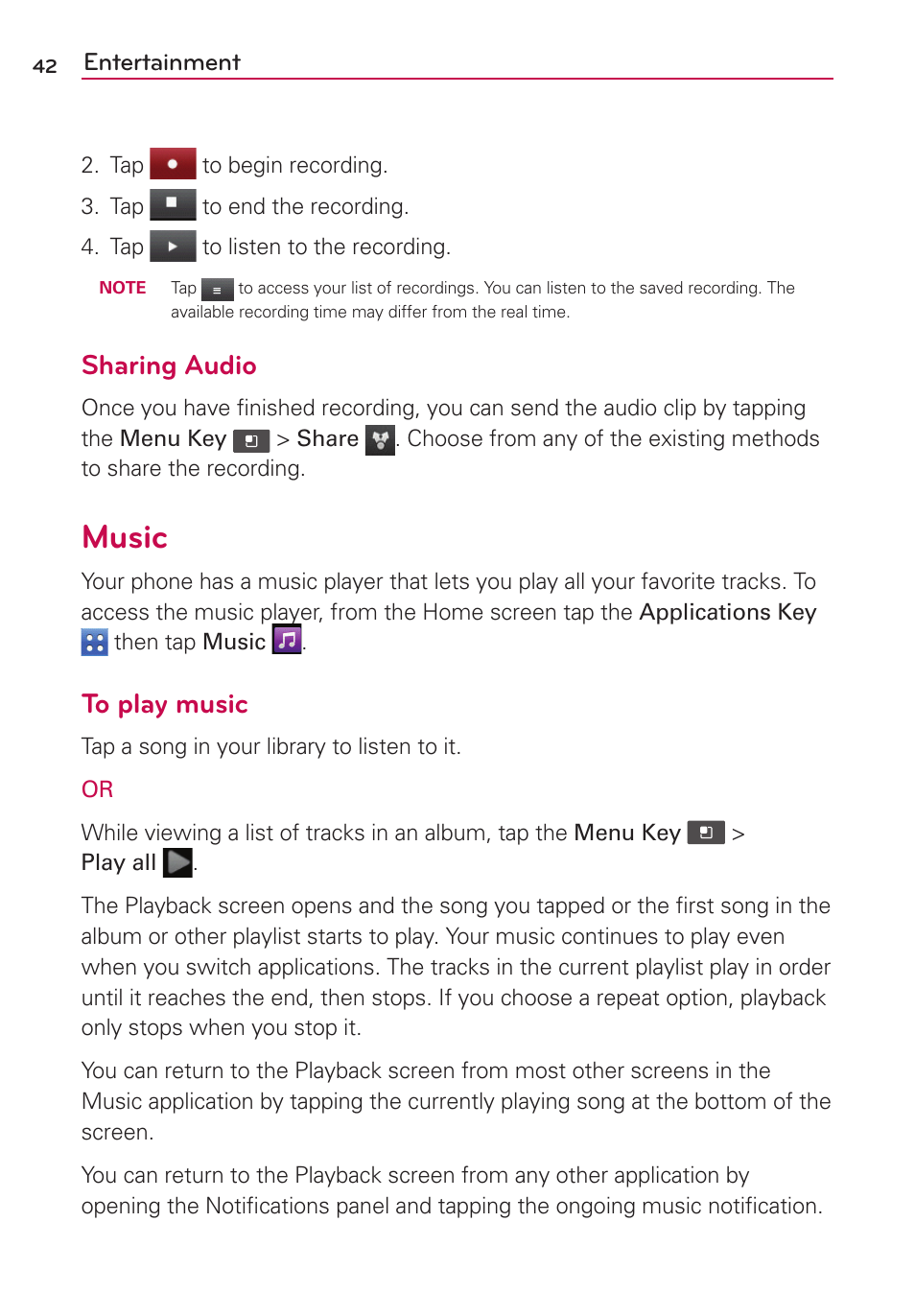 Music, Sharing audio | LG LGVS410PP User Manual | Page 44 / 86