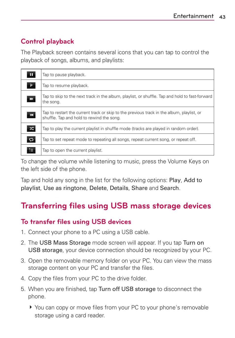 Transferring files using usb mass storage devices, Transferring ﬁles using usb mass storage devices, Control playback | Entertainment | LG LGVS410PP User Manual | Page 45 / 86