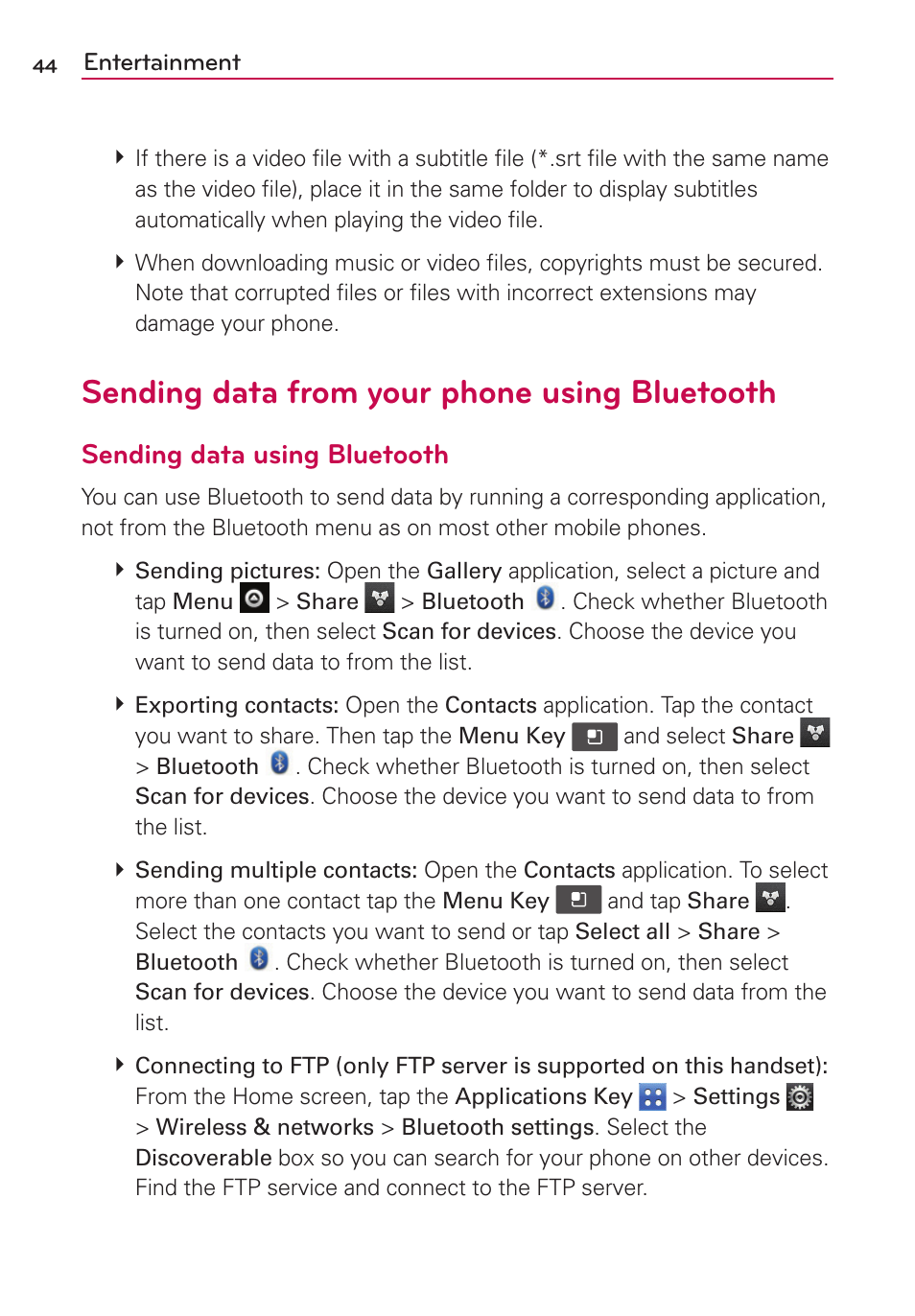 Sending data from your phone using bluetooth, Sending data using bluetooth | LG LGVS410PP User Manual | Page 46 / 86