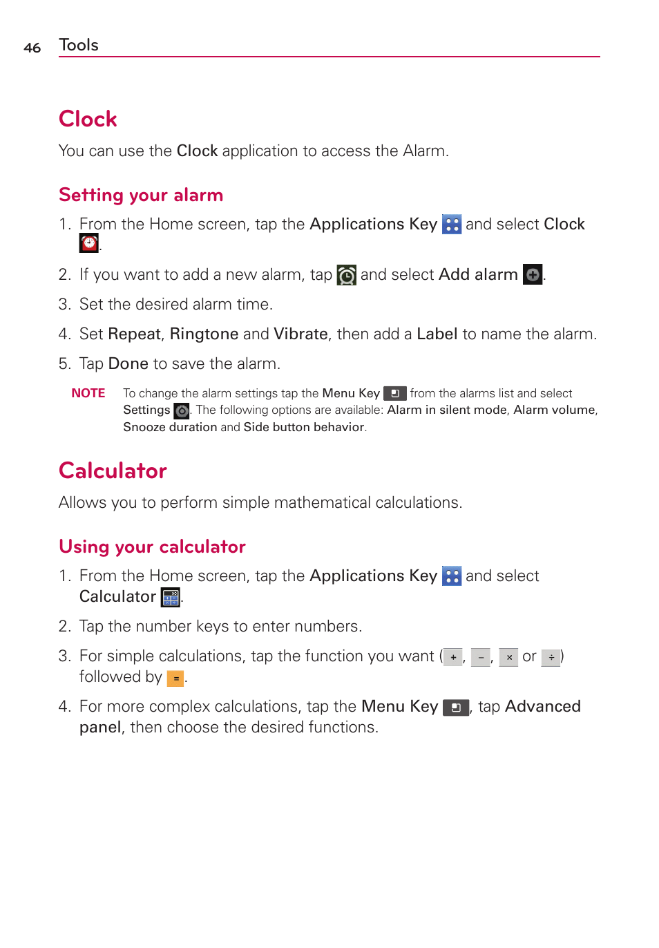 Tools, Clock, Calculator | Setting your alarm, Using your calculator | LG LGVS410PP User Manual | Page 48 / 86