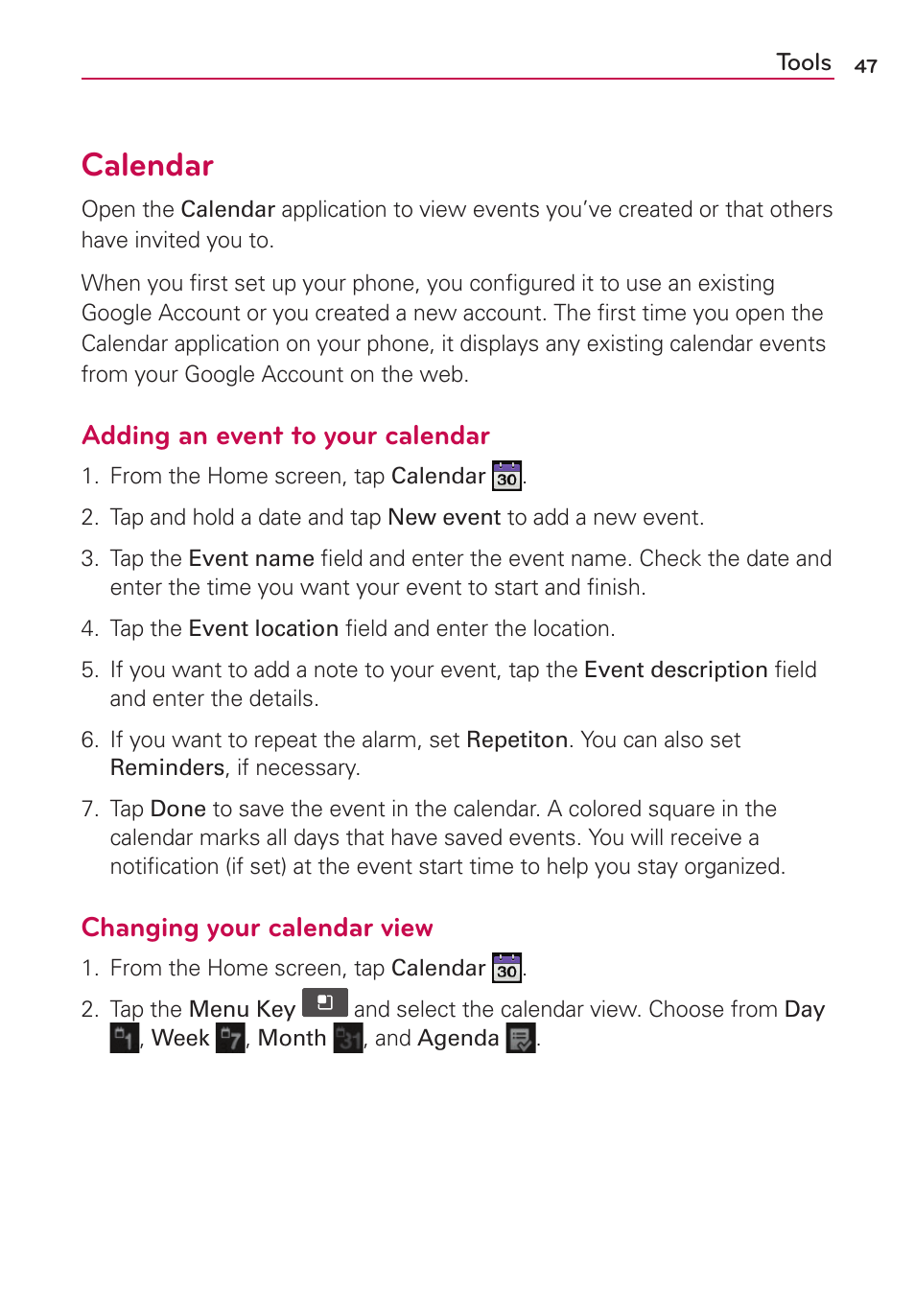 Calendar, Adding an event to your calendar, Changing your calendar view | LG LGVS410PP User Manual | Page 49 / 86