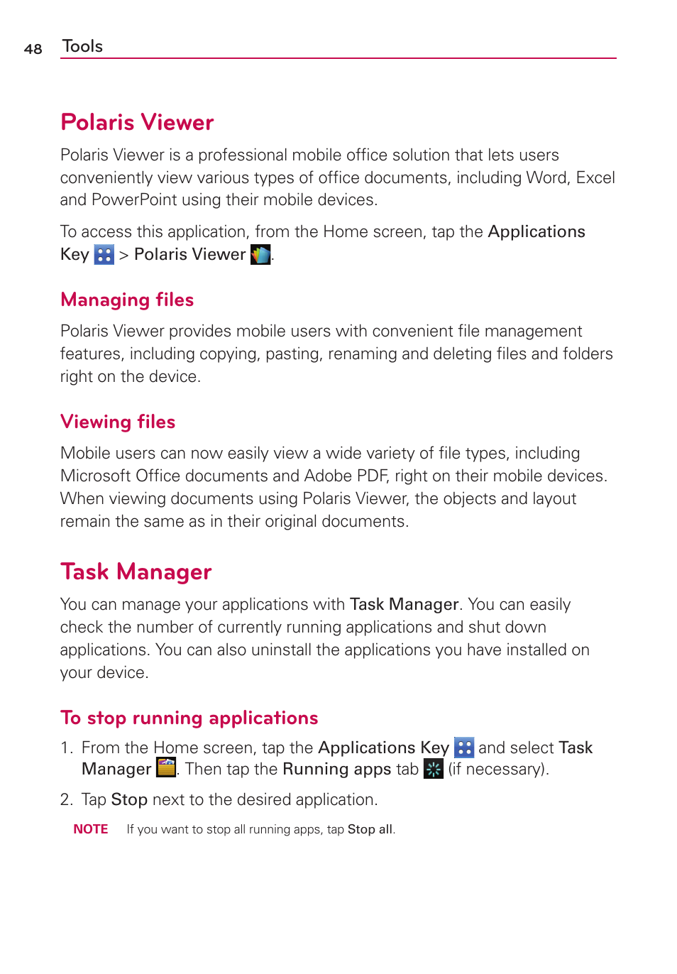 Polaris viewer, Task manager, Managing ﬁles | Viewing ﬁles | LG LGVS410PP User Manual | Page 50 / 86