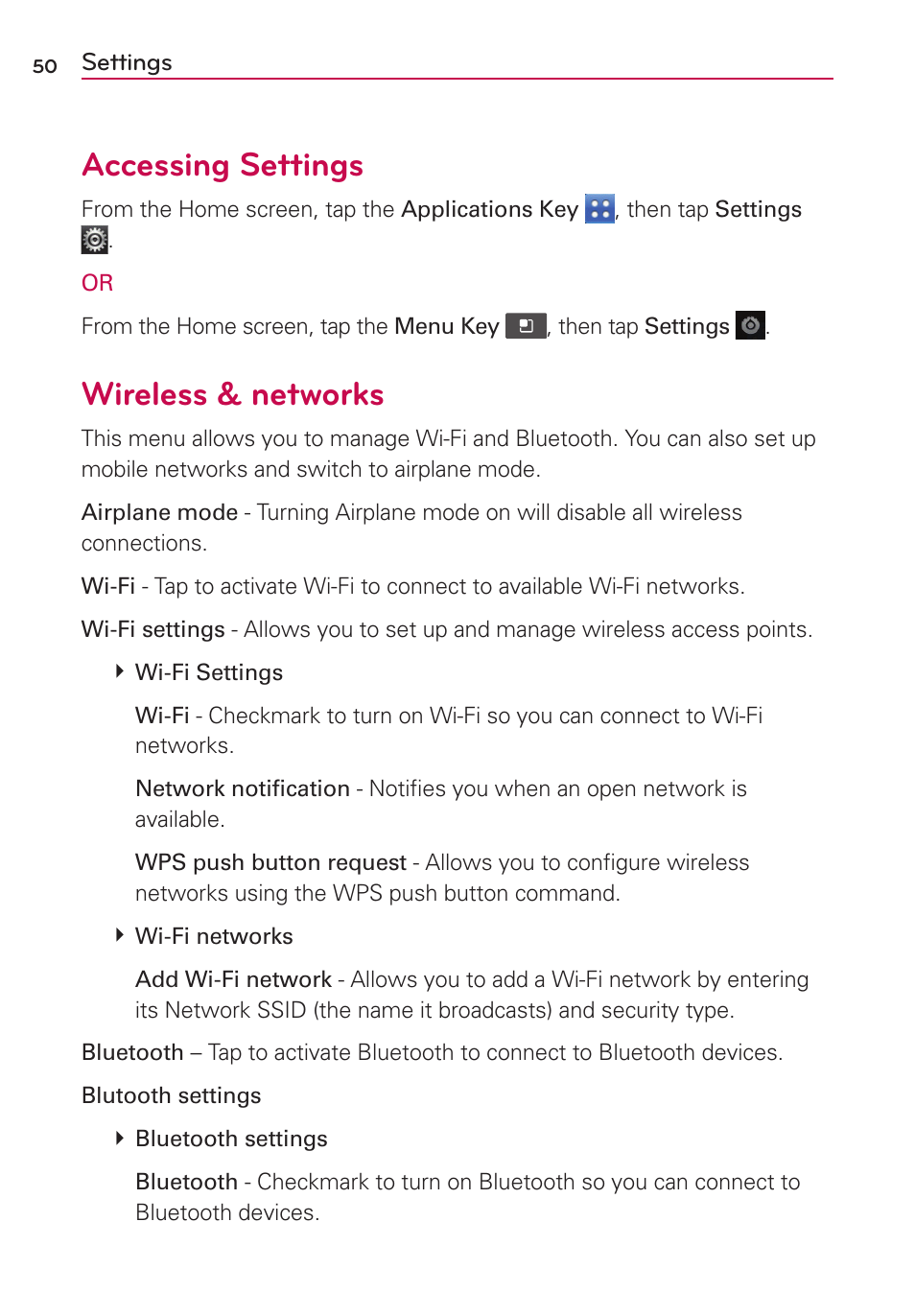 Settings, Accessing settings, Wireless & networks | LG LGVS410PP User Manual | Page 52 / 86