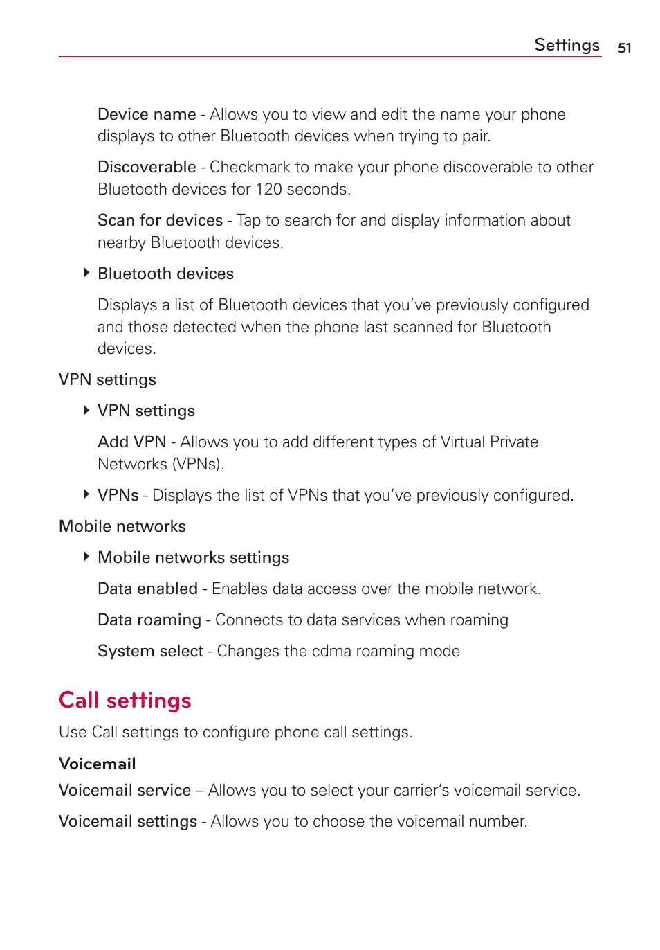 Call settings | LG LGVS410PP User Manual | Page 53 / 86