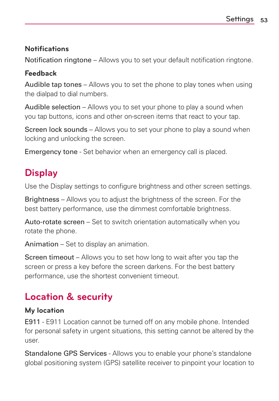 Display, Location & security | LG LGVS410PP User Manual | Page 55 / 86