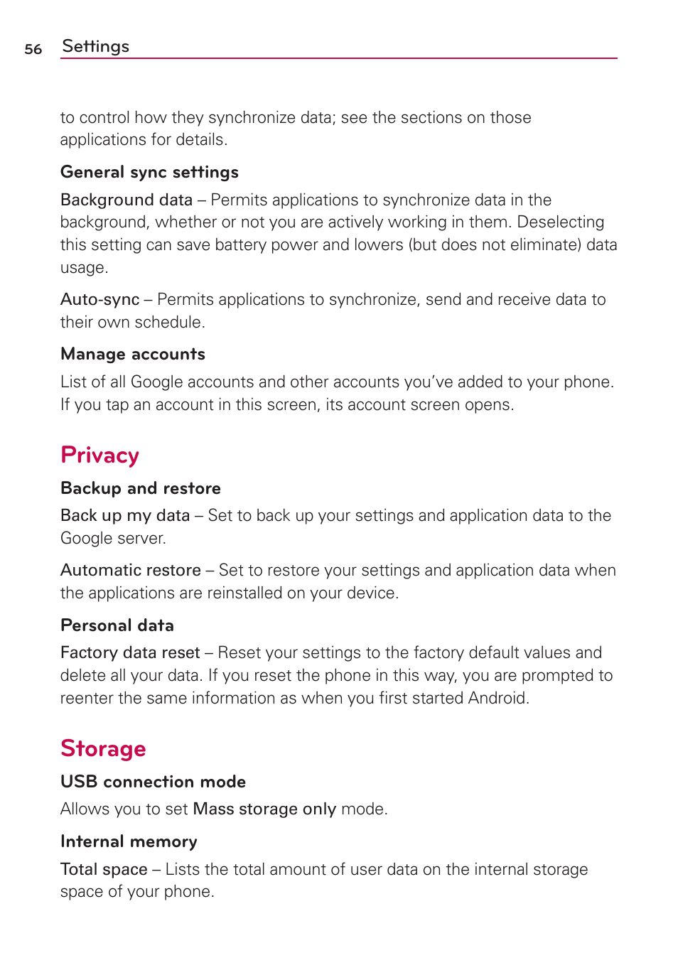 Privacy, Storage | LG LGVS410PP User Manual | Page 58 / 86