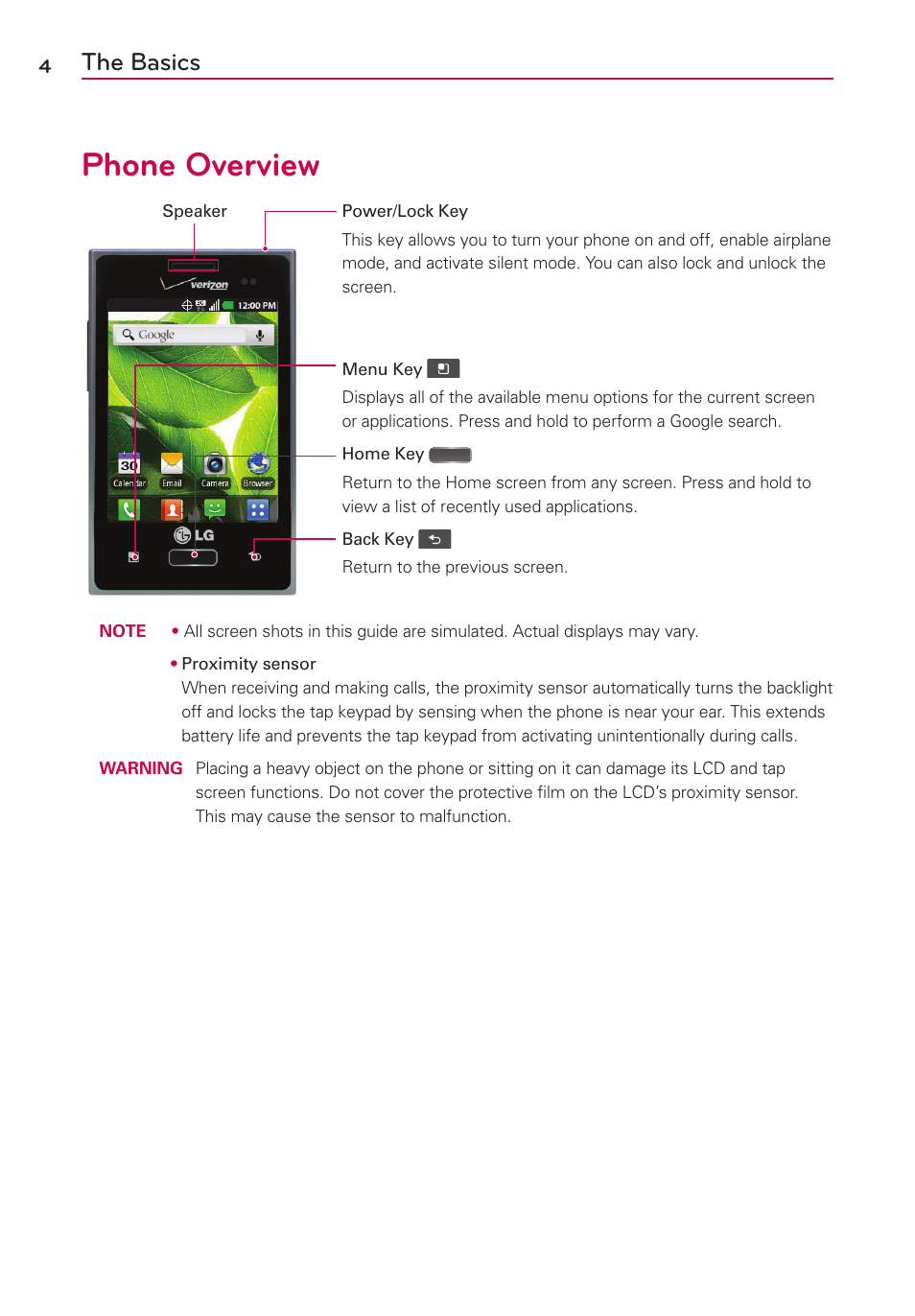 The basics, Phone overview | LG LGVS410PP User Manual | Page 6 / 86