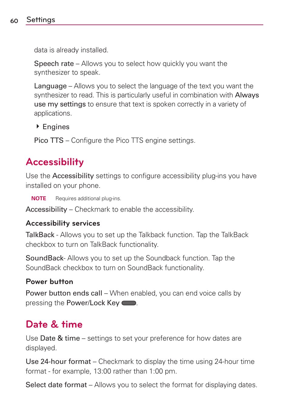 Accessibility, Date & time | LG LGVS410PP User Manual | Page 62 / 86