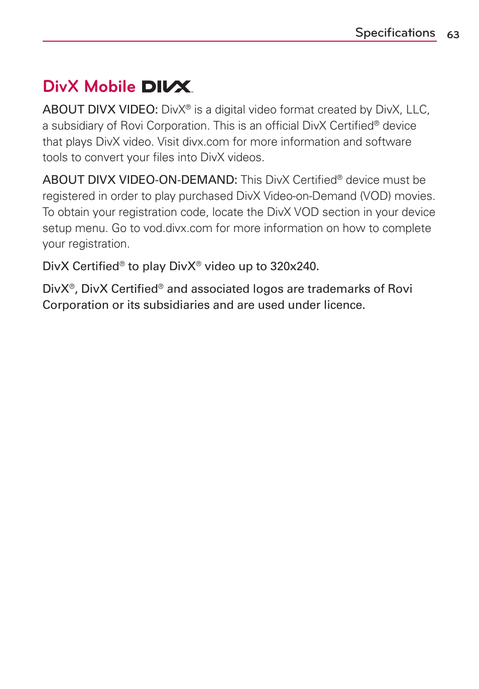 Specifications, Divx mobile, Speciﬁcations | LG LGVS410PP User Manual | Page 65 / 86