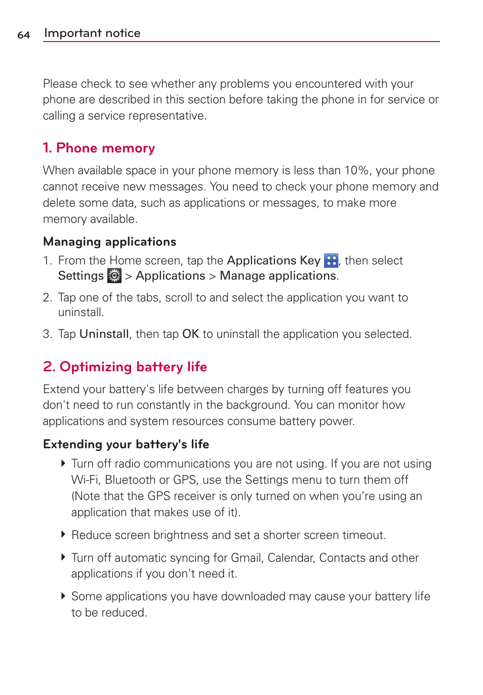 Important notice, Optimizing battery life | LG LGVS410PP User Manual | Page 66 / 86