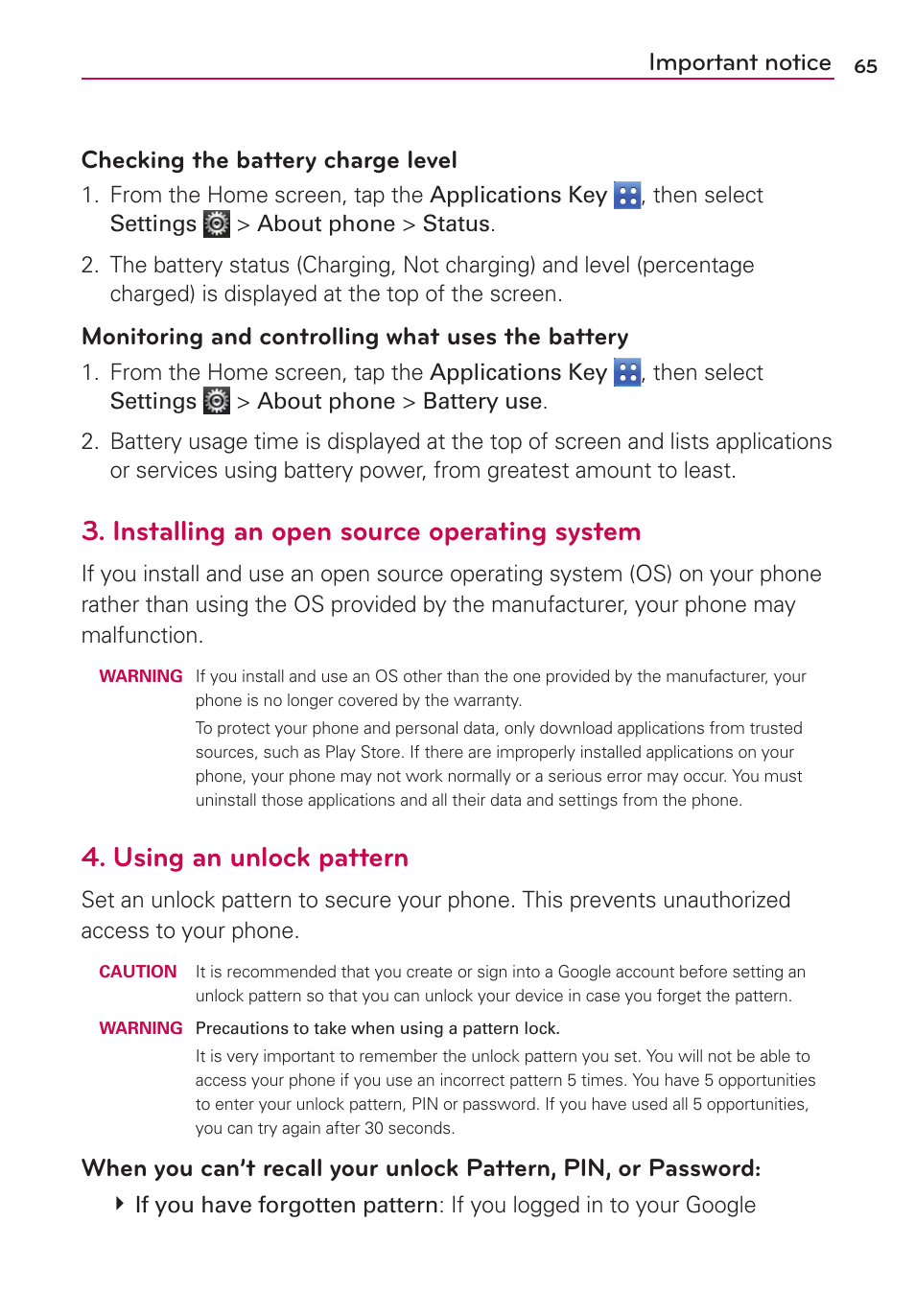 Installing an open source operating system, Using an unlock pattern, Important notice checking the battery charge level | Monitoring and controlling what uses the battery | LG LGVS410PP User Manual | Page 67 / 86