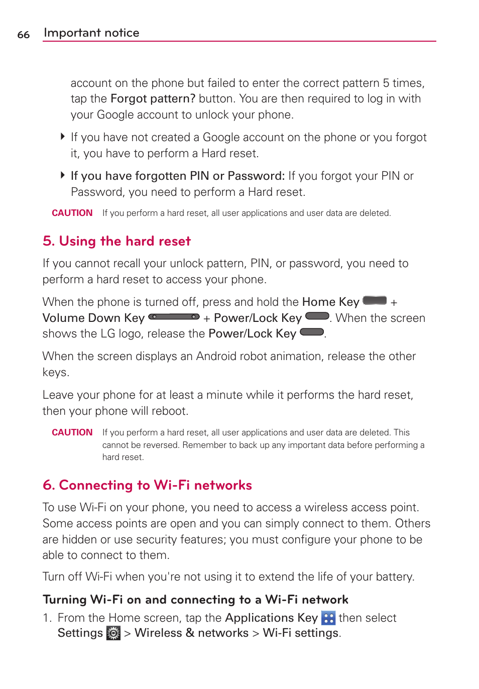 Using the hard reset, Connecting to wi-fi networks | LG LGVS410PP User Manual | Page 68 / 86
