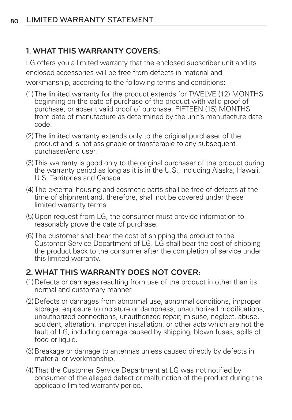 Limited warranty statement | LG LGVS410PP User Manual | Page 82 / 86