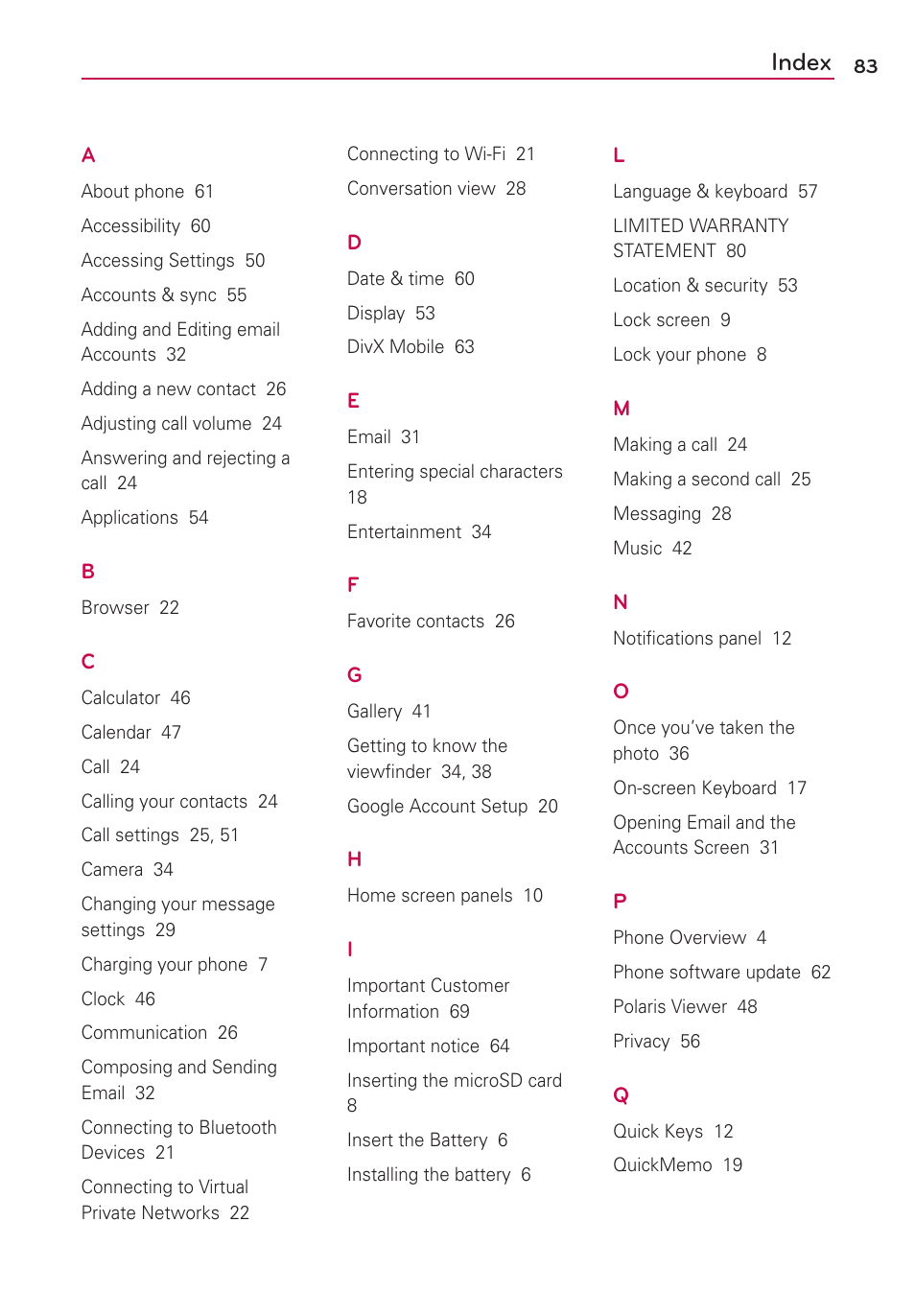 Index | LG LGVS410PP User Manual | Page 85 / 86