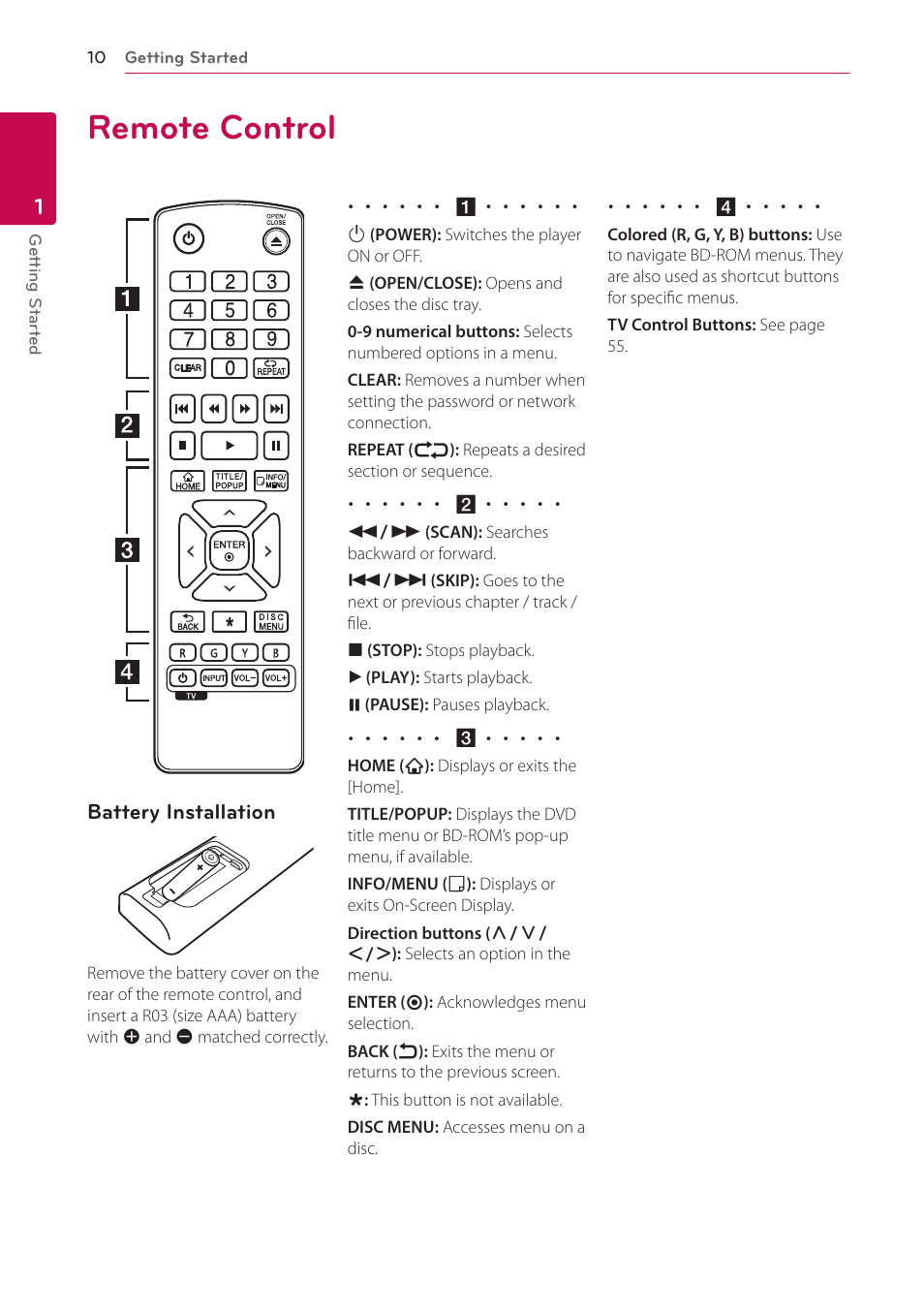 Remote control, 10 remote control | LG BP540 User Manual | Page 10 / 70