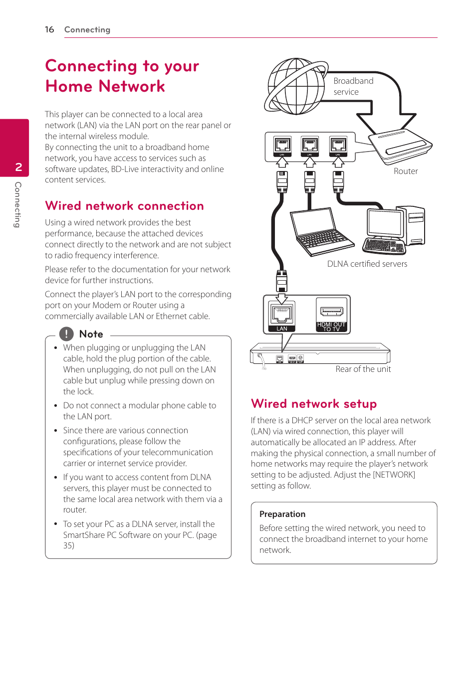 Connecting to your home network, Wired network connection, Wired network setup | LG BP540 User Manual | Page 16 / 70