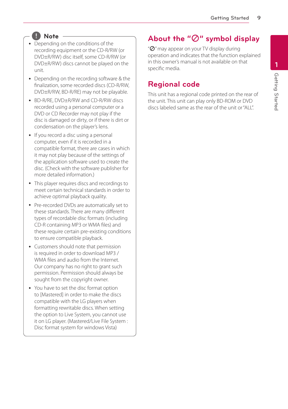 About the “7” symbol display, Regional code, About the | 7” symbol display, About the “ 7 ” symbol display | LG BP540 User Manual | Page 9 / 70