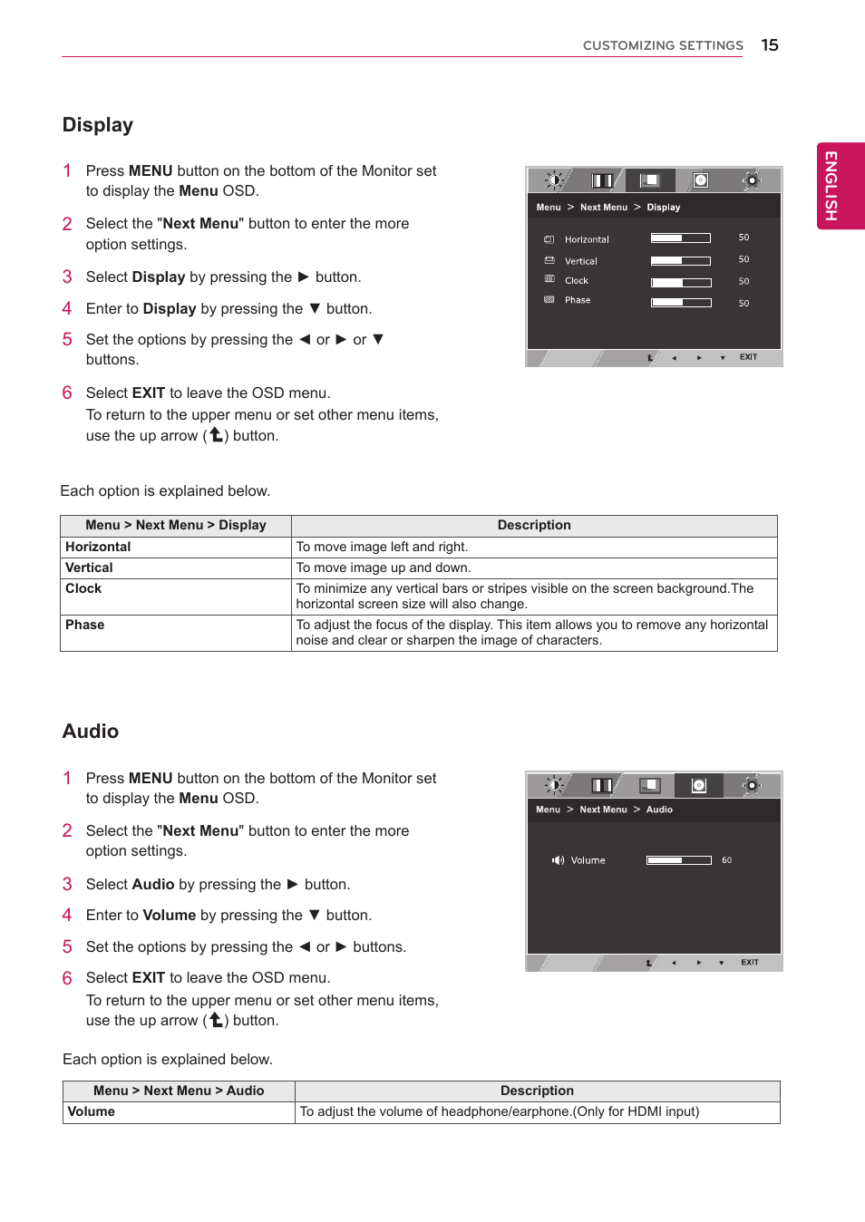 Display, Audio | LG 24M45H-B User Manual | Page 15 / 29